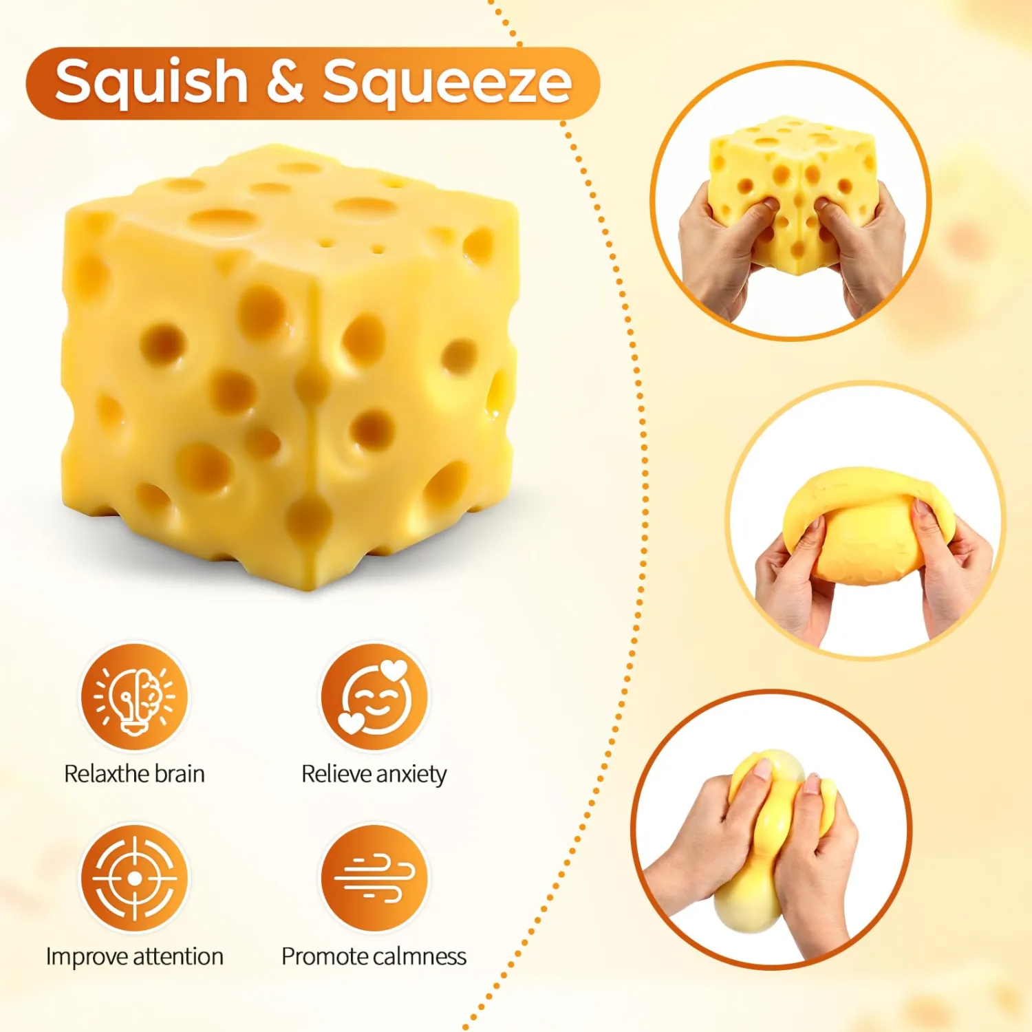 6cm Cheese Squishy Stress Relief Sensory Fidget Toy, Viral Squishies Cheese Block Squeeze Toys,Holiday & Birthday Gifts for Teens & Adults (2.4 Inch)