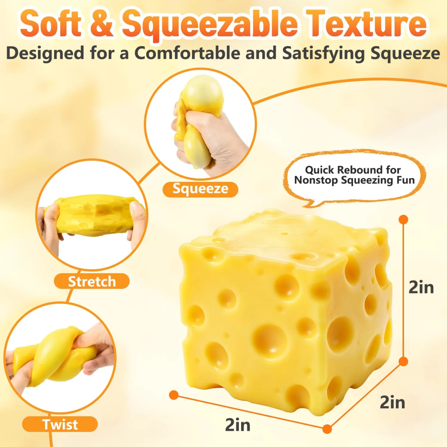 Cheese Squishy Stress Relief Toy, Soft Slow Rising Cheese Block Squeeze Toy, Novelty Fidget Sensory Toy for Anxiety Relief, Quiet Desk Toy Gift for Kids Teens and Adults