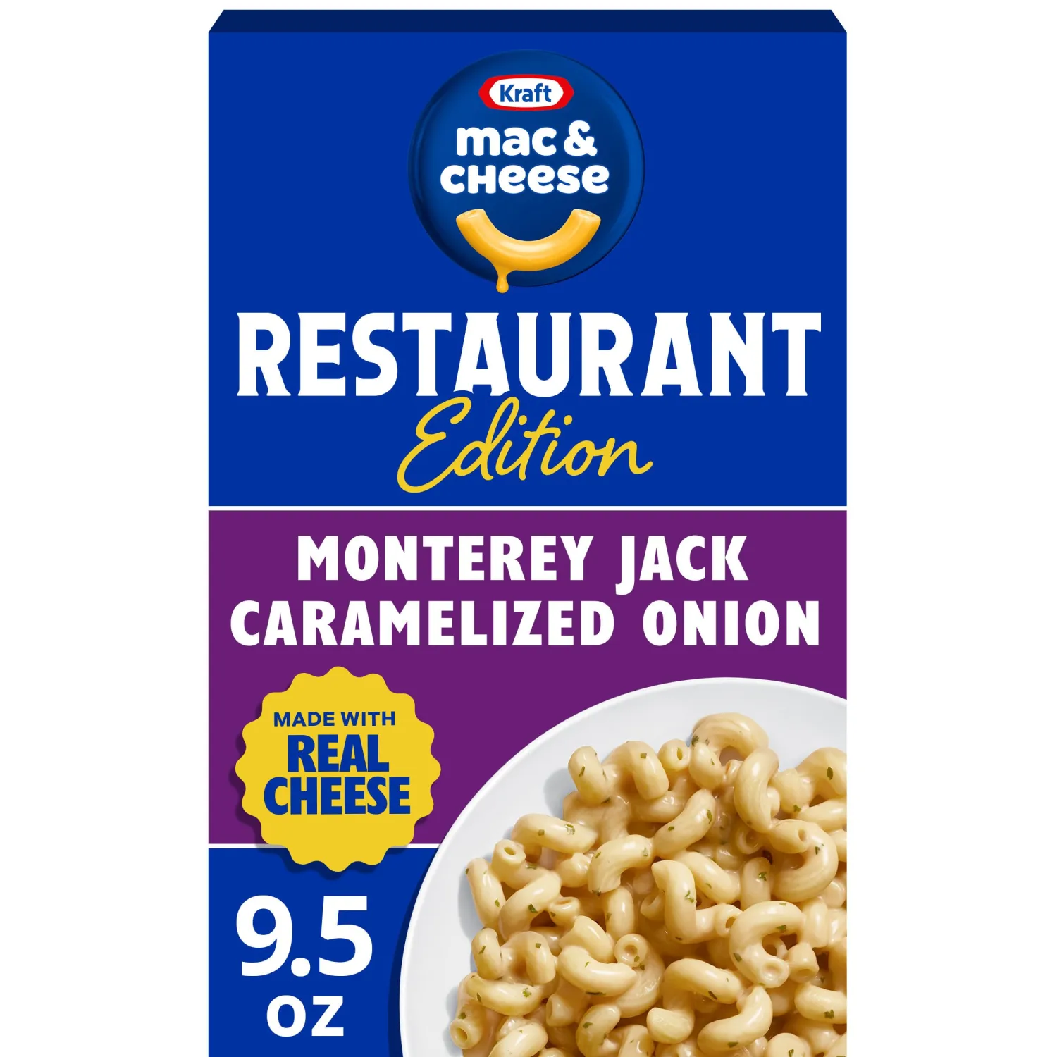 Kraft Mac and Cheese Restaurant Edition Macaroni and Cheese, 1 Box, for Easy Mealtime Solutions, Monterey Jack Caramelized Onion Flavored, Made with Real Cheese, 9.5 oz