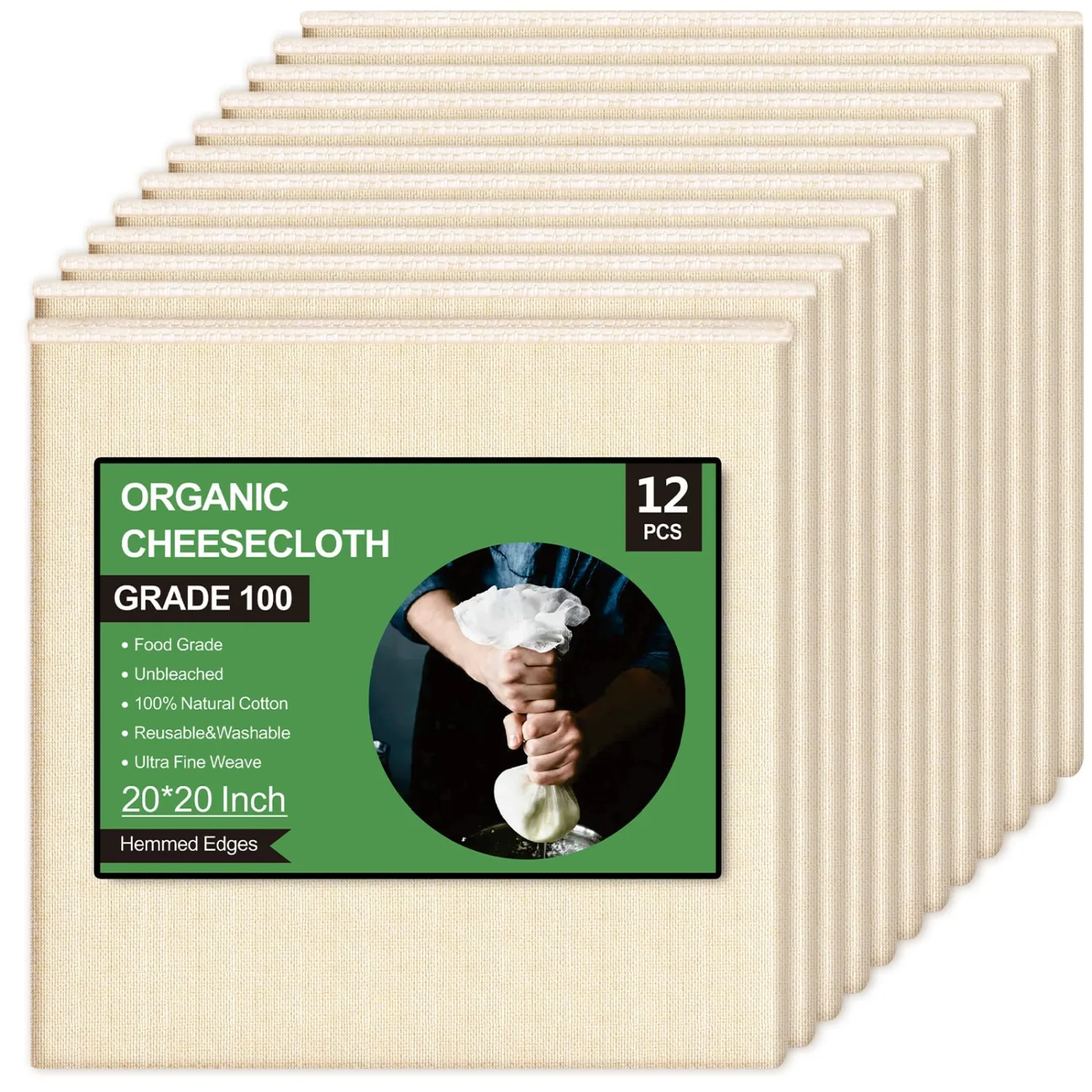 12 Pcs Organic Cheese Cloths 20x20 Inch, Reusable Grade 100 Cheesecloth for Straining,100% Unbleached Cotton Muslin Cheesecloth for Cheese Making, Cooking, Baking, Juicing