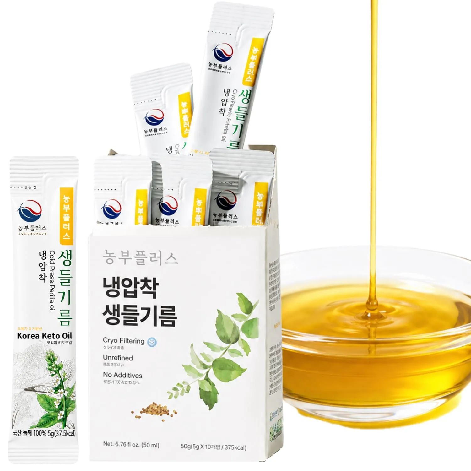 Korean Food Nongbu Plus Cold-Pressed Perilla Oil Sticks, 5g x 10 Pack (0.17 fl oz Each/Total 50g / 1.76 oz) – Individually Wrapped, Fresh Single-Serve Oil, Nutty Flavor, Product of Korea