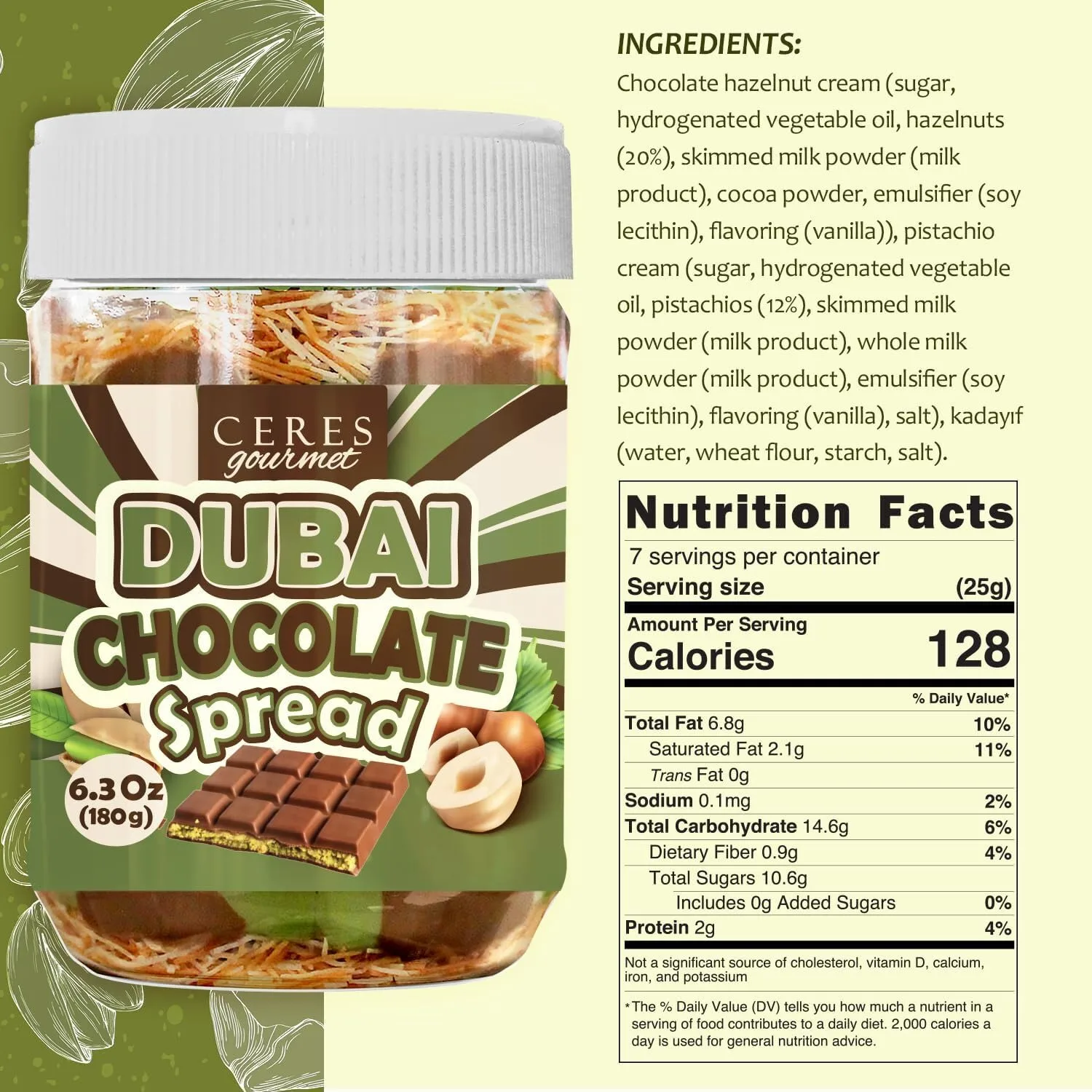 Dubai Chocolate Spread – 6.3 oz Jar with Pistachio, Kataifi & Gourmet Dubai Chocolate Filling for Pancakes, Breakfast, Snacks, and Desserts