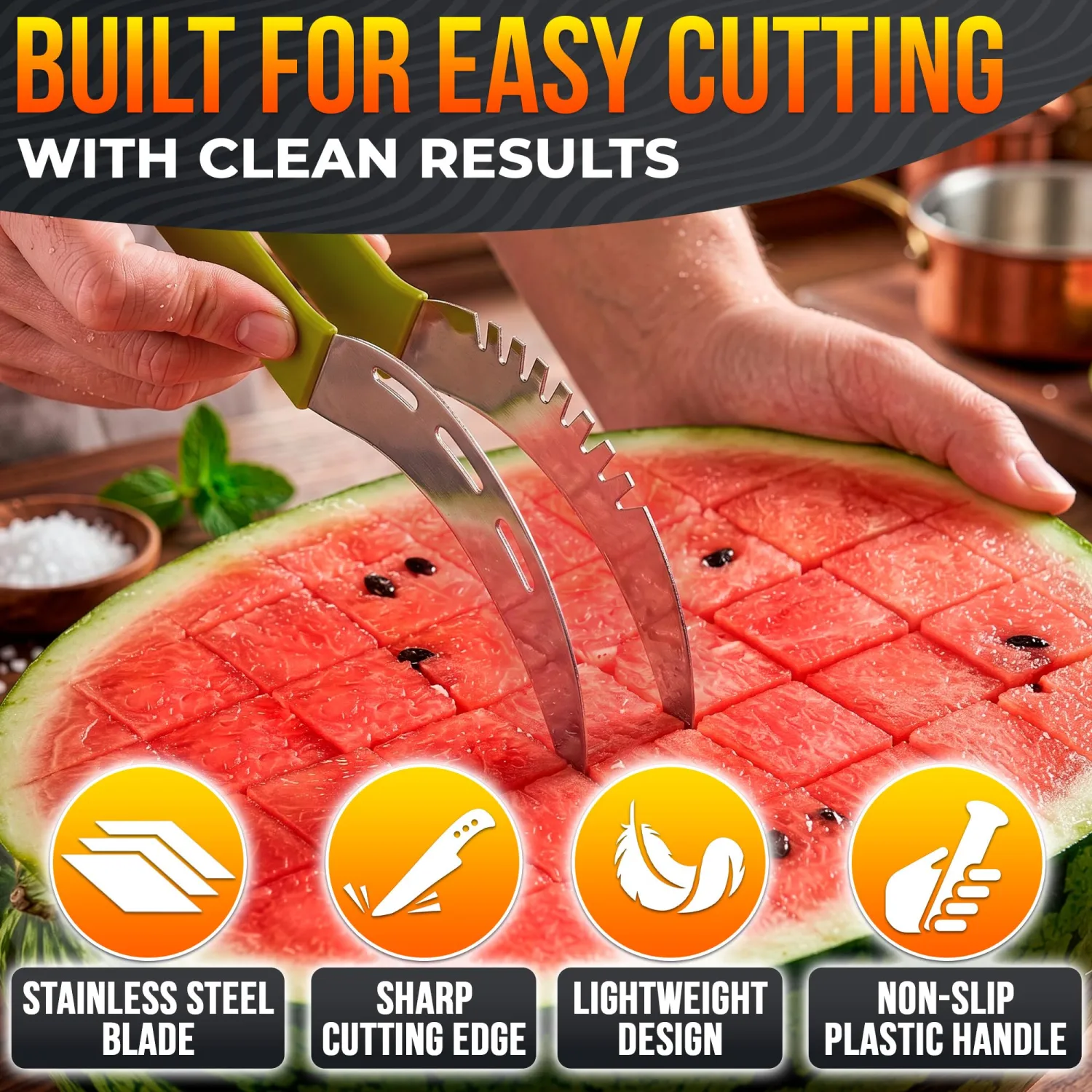 Stainless Steel Watermelon Slicer Cutter Tool – Easy Grip Durable Slicer for Watermelon, Cantaloupe, Papaya, Honeydew & More, Cut Cubes or Slices Fast | Mess-Free Prep for Parties, BBQs, Summer Snacks