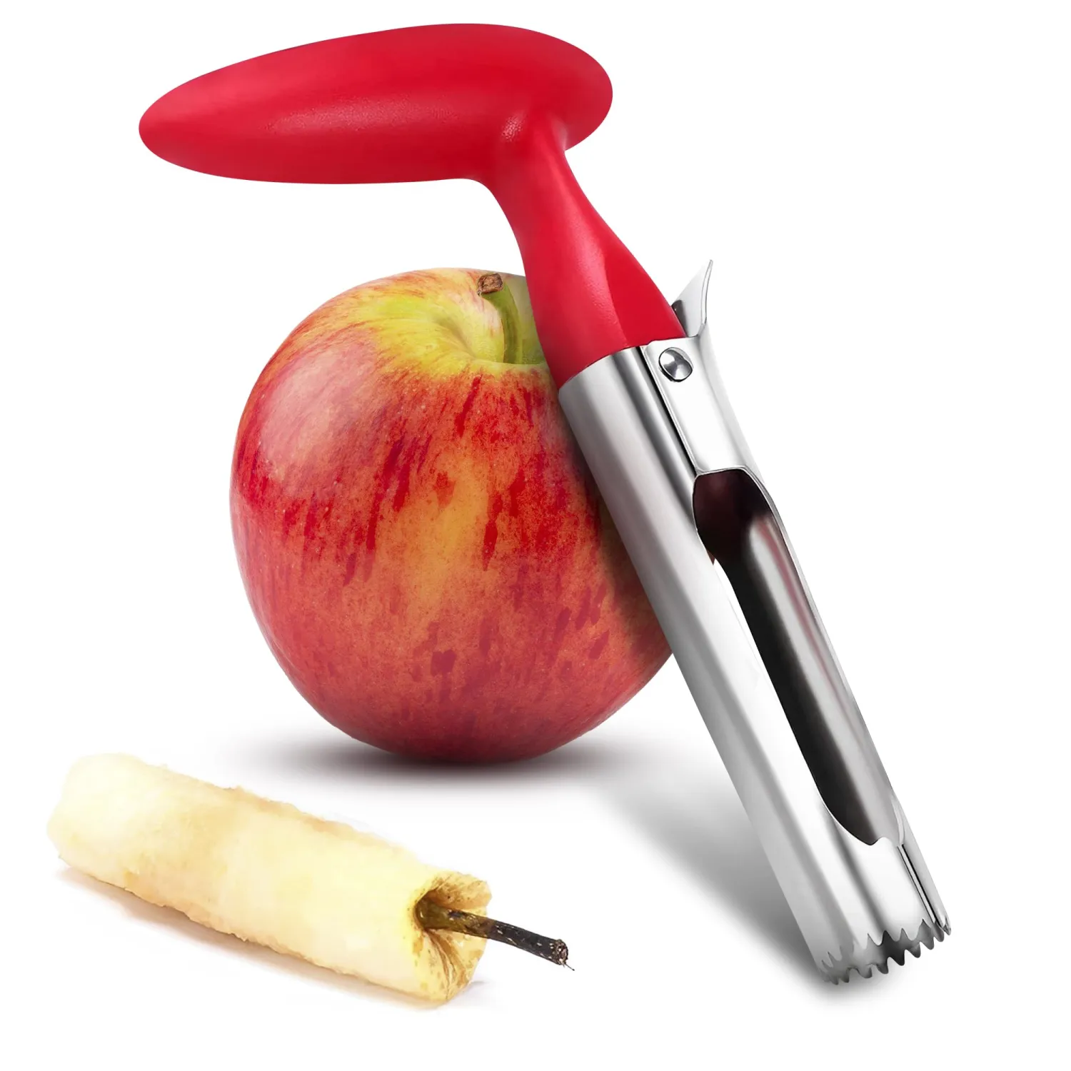 Apple Corer Tool - Apple Core Remover with Ergonomic Red Handle, Durable Food-Safe Stainless Steel 7.3" Fruit Corer for Apples, Peppers, Tomatoes, Cupcakes, Spring Baking & Summer Pies, Easy to Clean
