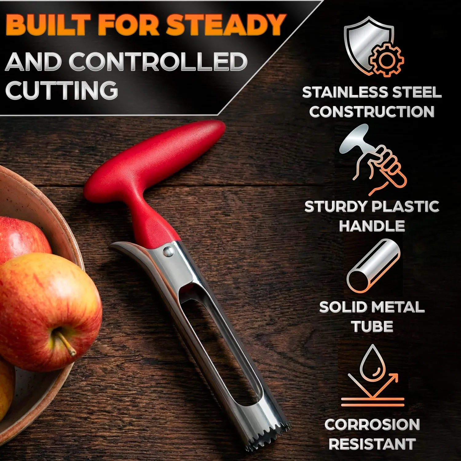 Apple Corer Tool - Apple Core Remover with Ergonomic Red Handle, Durable Food-Safe Stainless Steel 7.3" Fruit Corer for Apples, Peppers, Tomatoes, Cupcakes, Spring Baking & Summer Pies, Easy to Clean