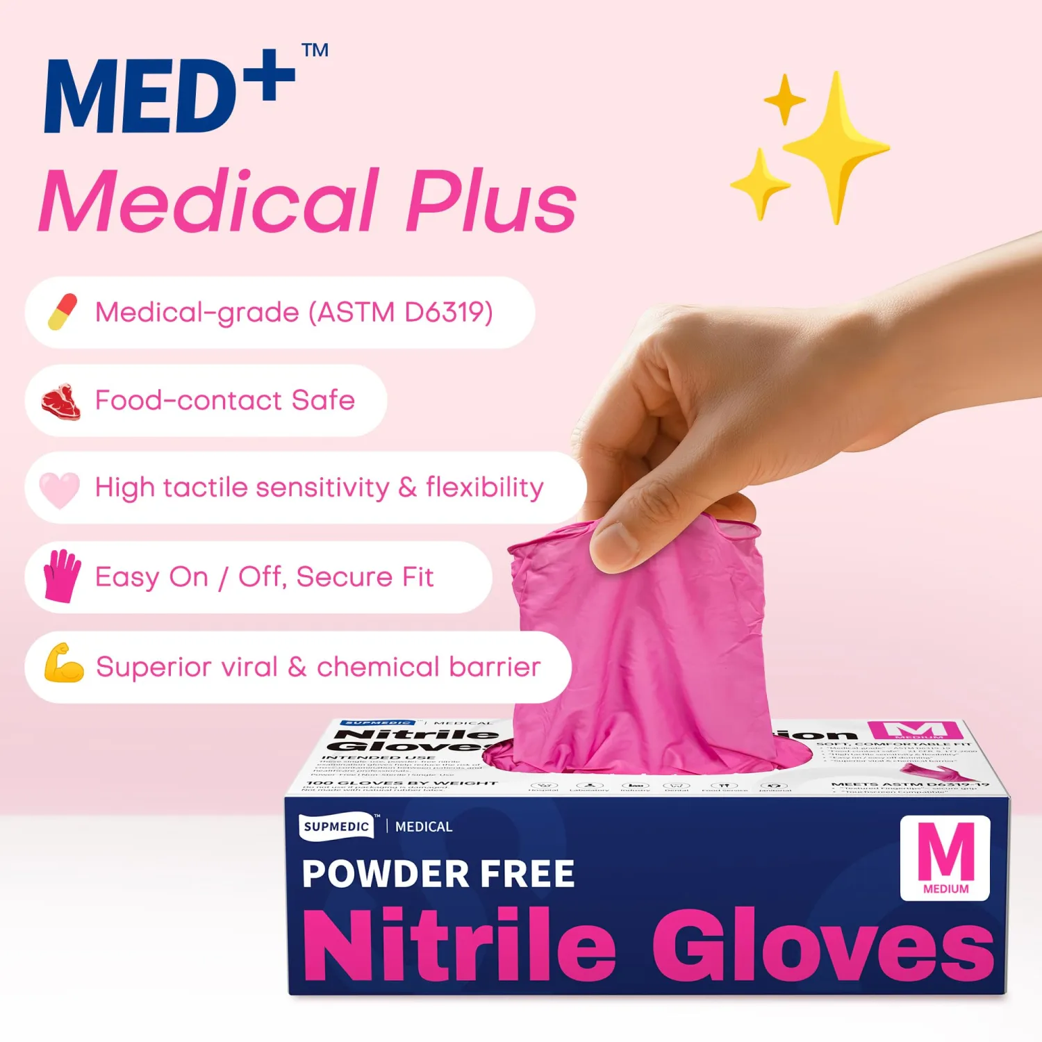 Supmedic Nitrile Exam Gloves, 4 Mil MED+ Powder-Free Latex-Free Cooking Food-Safe Disposable Medical Gloves 100Ct Rose Orchid