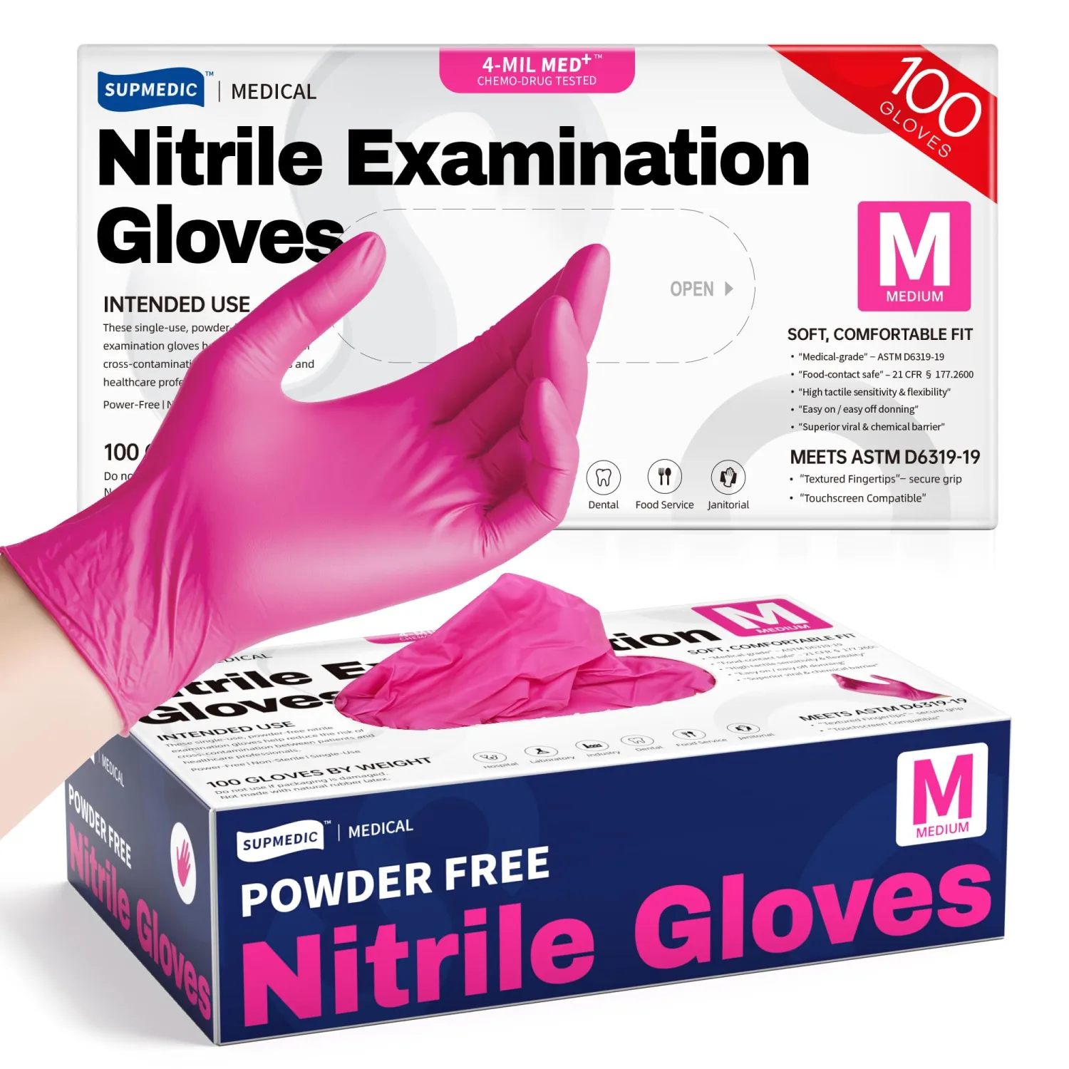 Supmedic Nitrile Exam Gloves, 4 Mil MED+ Powder-Free Latex-Free Cooking Food-Safe Disposable Medical Gloves 100Ct Rose Orchid
