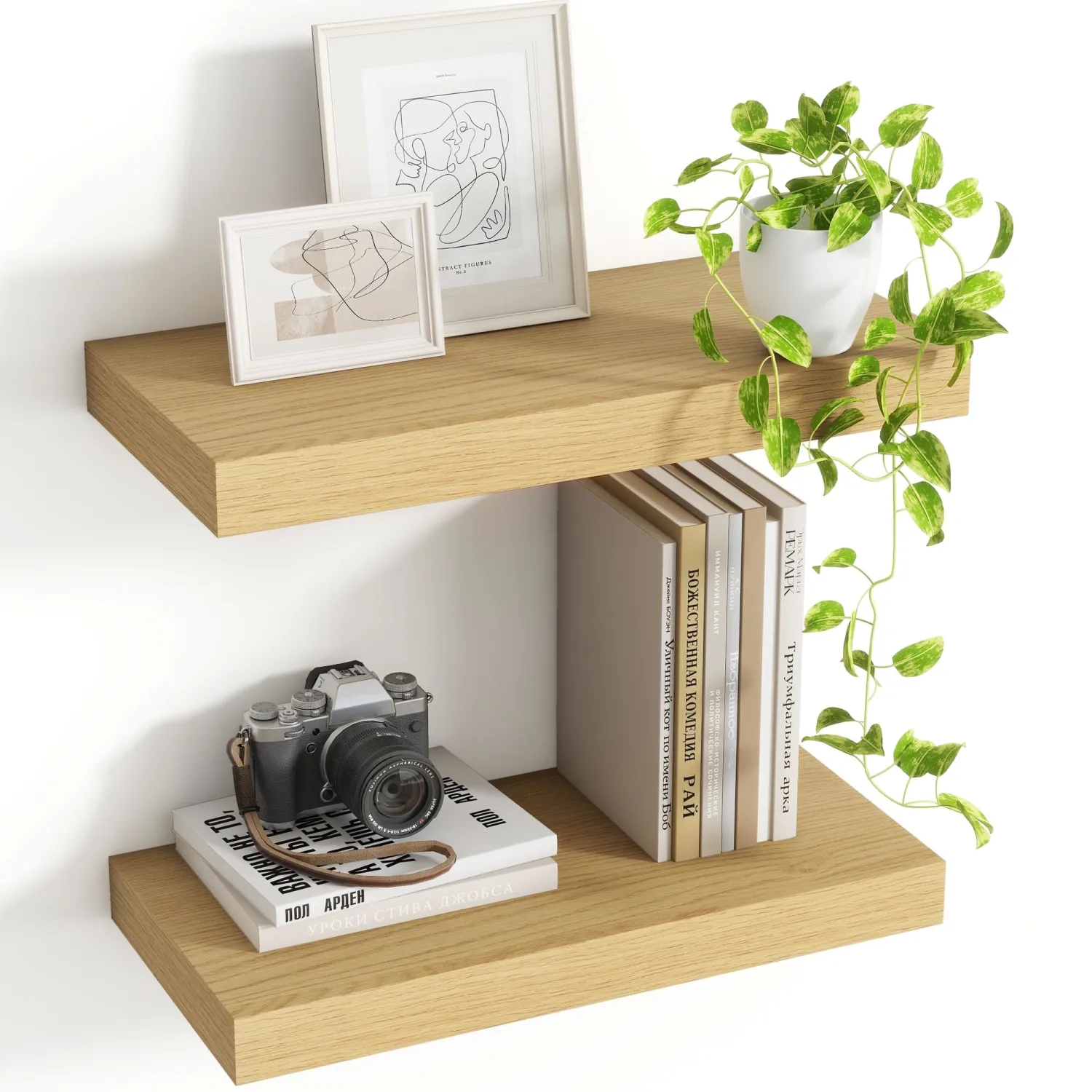 Acovy 16 Inch Floating Shelves, 8 Inch Deep Floating Shelves for Wall, Hanging Shelf with Invisible Brackets, Deep Shelves for Bathroom, Bedroom, Living Room, Oak, Set of 2