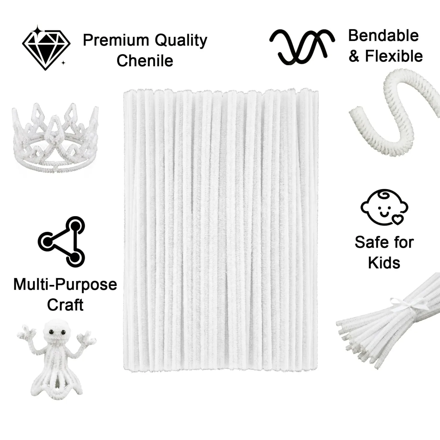 White Pipe Cleaners Craft,100pcs Craft Supplies Chenille Stems Arts & Crafts for DIY Valentines Day Decorations,Flowers Making Pipe Cleaners White Bulk Gifts for Her Room Decor,Art Supplies for Kids
