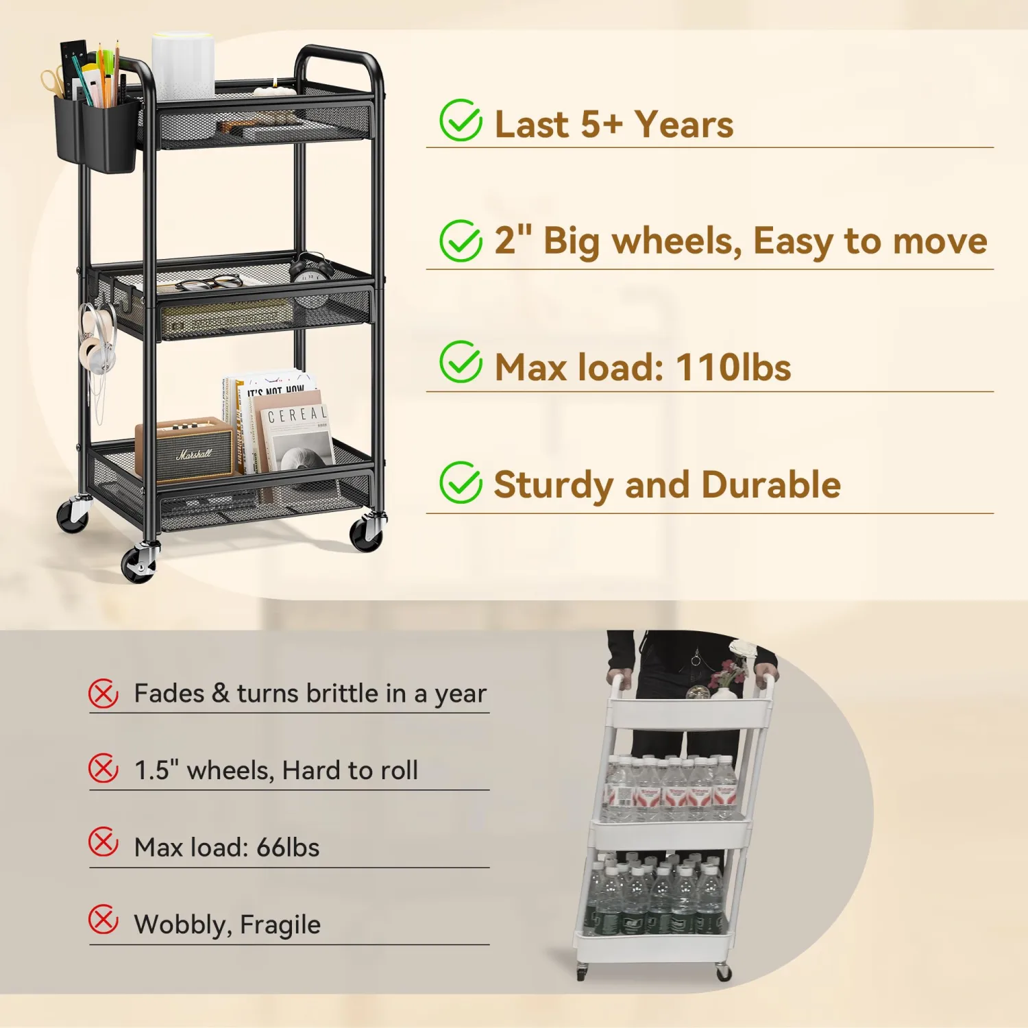 YASONIC 3 Tier Rolling Cart – Metal Utility Storage Carts with Wheels, Craft Cart Organizer with Hanging Cups, Hooks, Mesh Basket for Bedside Kitchen Office Art, Black
