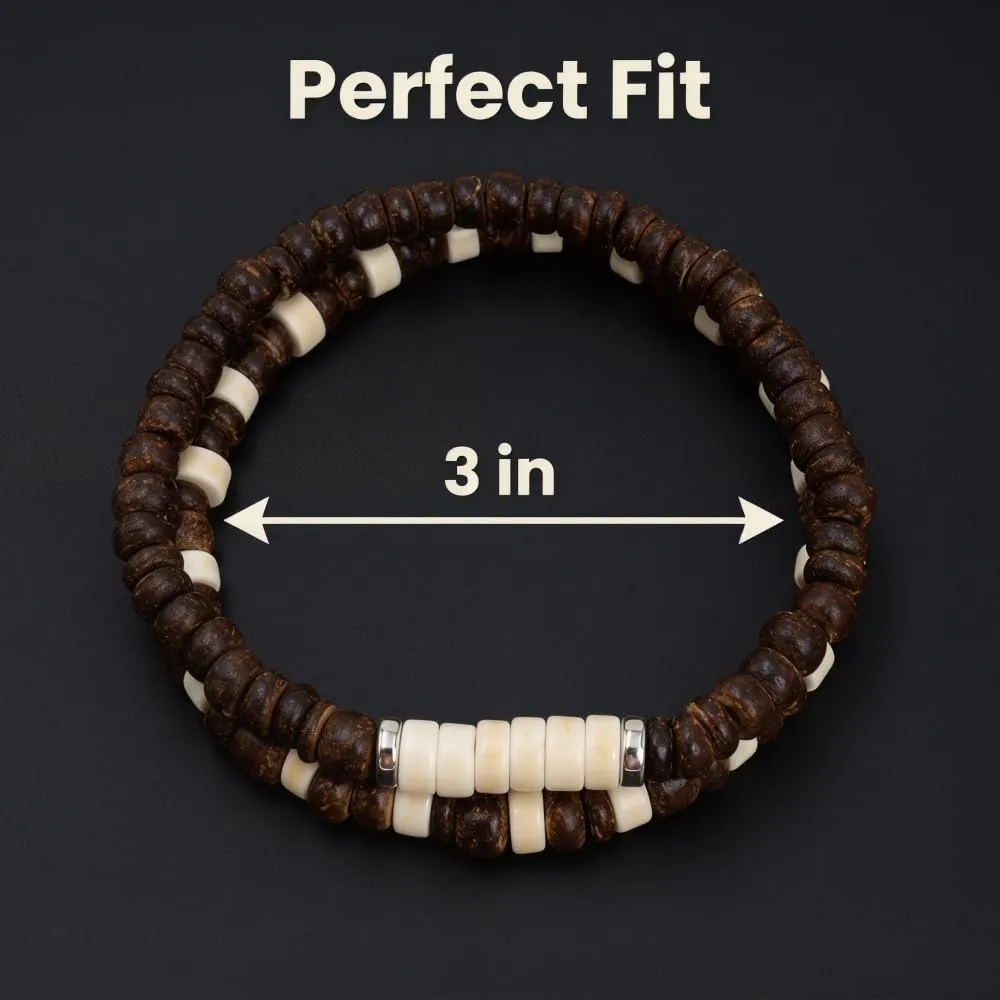 Handmade Wooden Bead Bracelet Set for Men & Women - Natural Coconut Shell Heishi Bead Stretch Bracelets - Boho Surfer Jewelry, Stackable Ethnic Tribal Wristbands, Adjustable Summer Beach Accessory