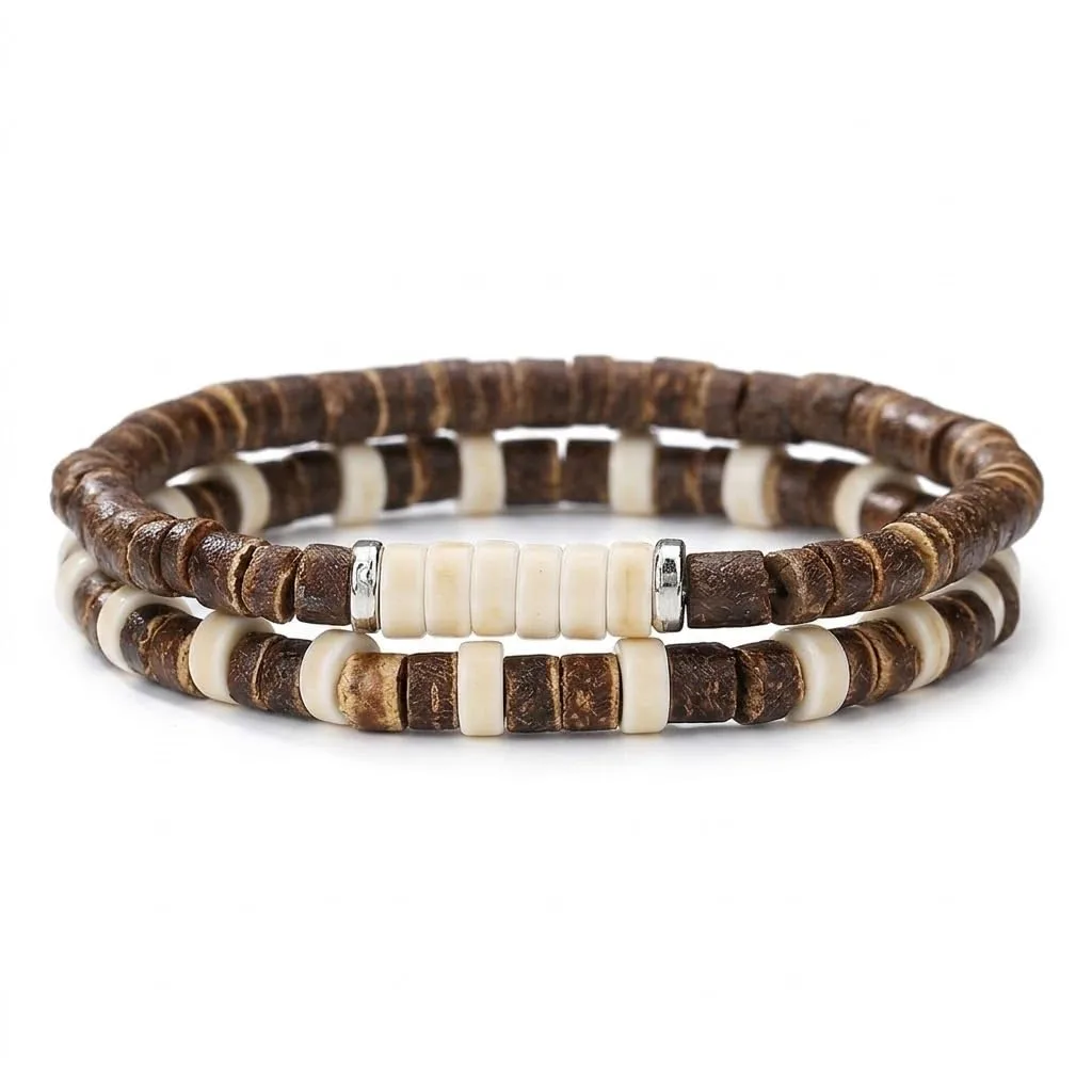 Handmade Wooden Bead Bracelet Set for Men & Women - Natural Coconut Shell Heishi Bead Stretch Bracelets - Boho Surfer Jewelry, Stackable Ethnic Tribal Wristbands, Adjustable Summer Beach Accessory