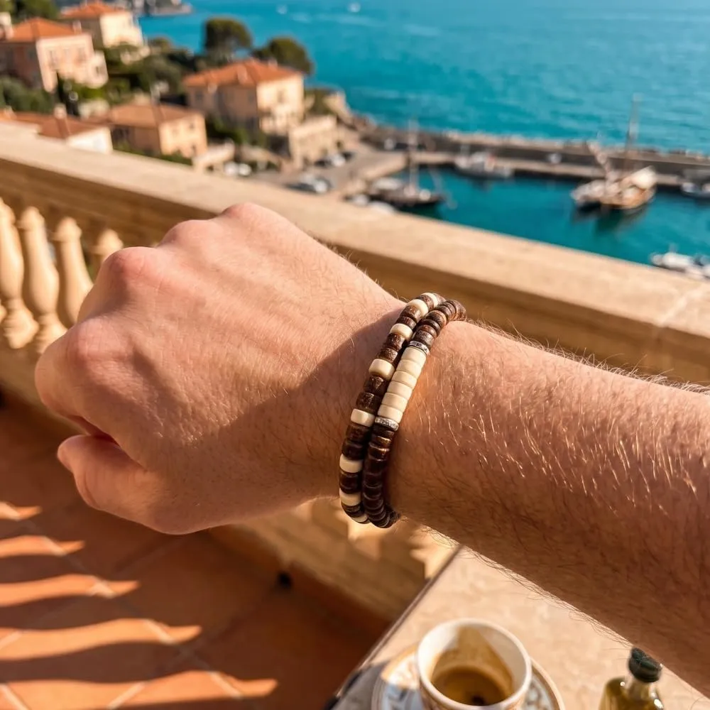 Handmade Wooden Bead Bracelet Set for Men & Women - Natural Coconut Shell Heishi Bead Stretch Bracelets - Boho Surfer Jewelry, Stackable Ethnic Tribal Wristbands, Adjustable Summer Beach Accessory
