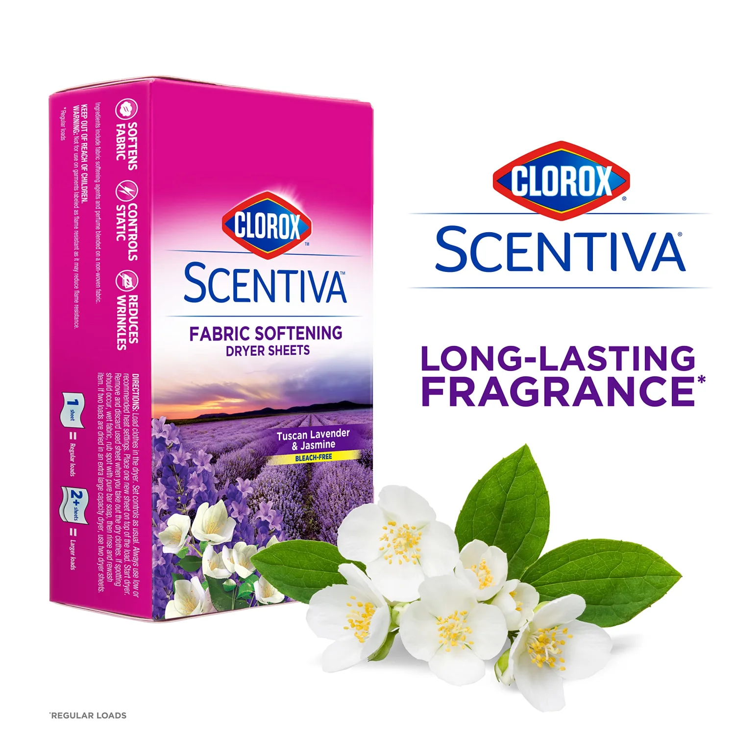Clorox Scentiva Fabric Softening Dryer Sheets | Fabric Sheets in Tuscan Lavender & Jasmine | 40 Count Dryer Sheets That Reduce Wrinkles and Reduce Static Cling (Pack of 2)