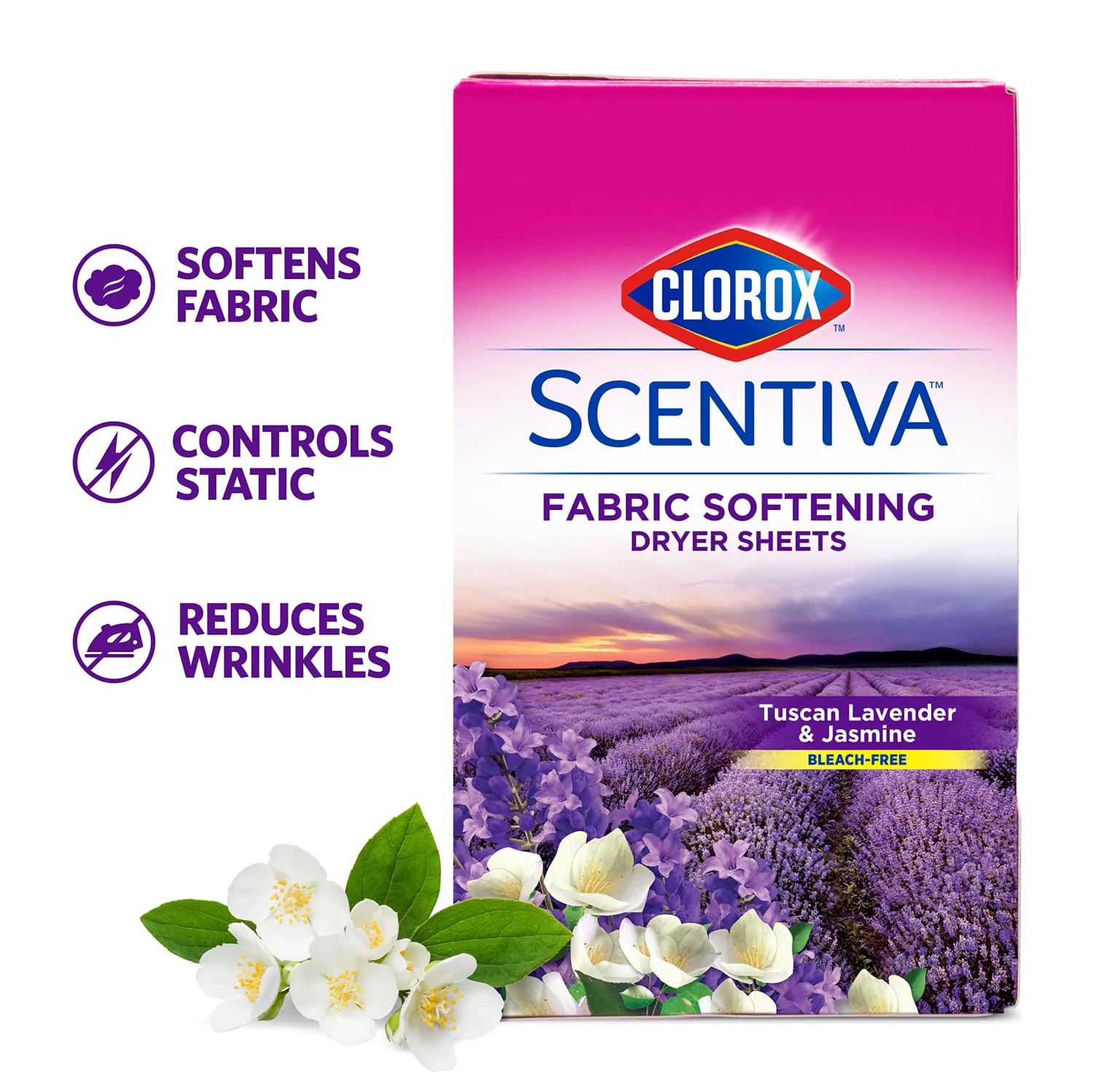 Clorox Scentiva Fabric Softening Dryer Sheets | Fabric Sheets in Tuscan Lavender & Jasmine | 40 Count Dryer Sheets That Reduce Wrinkles and Reduce Static Cling (Pack of 2)