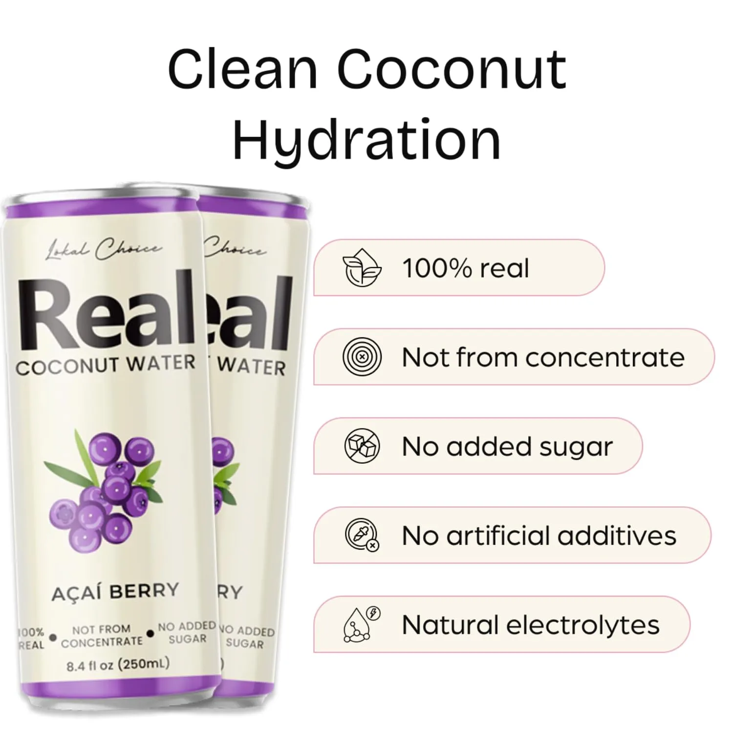 Lokal-Choice Açaí Berry Coconut Water – 100% Pure Hydration Coconut Water Beverage with Electrolytes & Antioxidants, Not From Concentrate, No Added Sugar, No Artificial Ingredients - 12 Pack