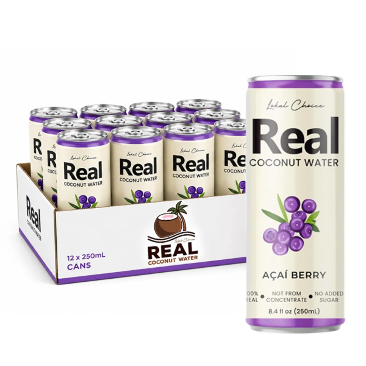 Lokal-Choice Açaí Berry Coconut Water – 100% Pure Hydration Coconut Water Beverage with Electrolytes & Antioxidants, Not From Concentrate, No Added Sugar, No Artificial Ingredients - 12 Pack