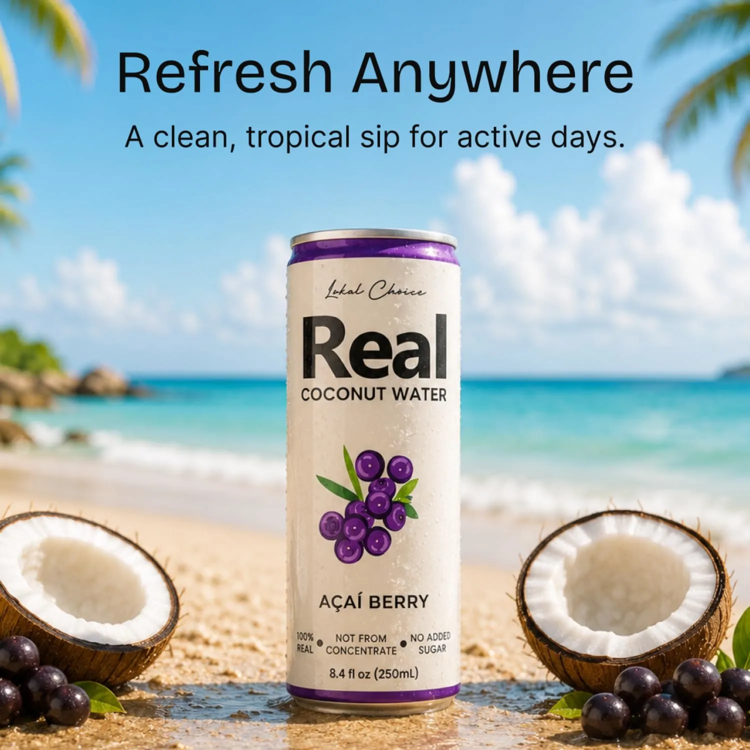 Lokal-Choice Açaí Berry Coconut Water – 100% Pure Hydration Coconut Water Beverage with Electrolytes & Antioxidants, Not From Concentrate, No Added Sugar, No Artificial Ingredients - 12 Pack