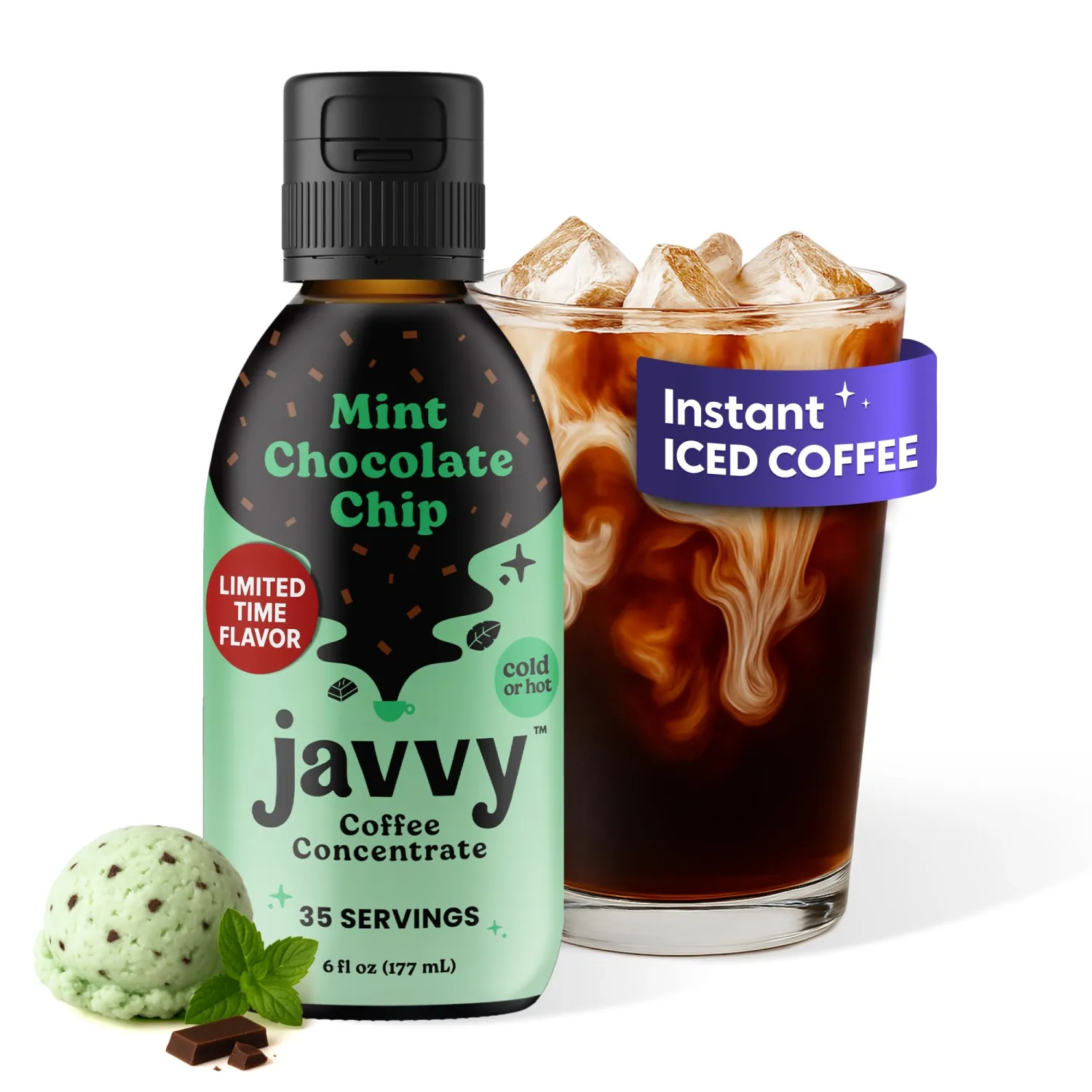 Javvy Cold Brew Coffee Concentrate Instant Coffee, Smooth Arabica Iced Coffee & Espresso Concentrate, 35 Servings, Mint Chocolate Chip, 1 Pack