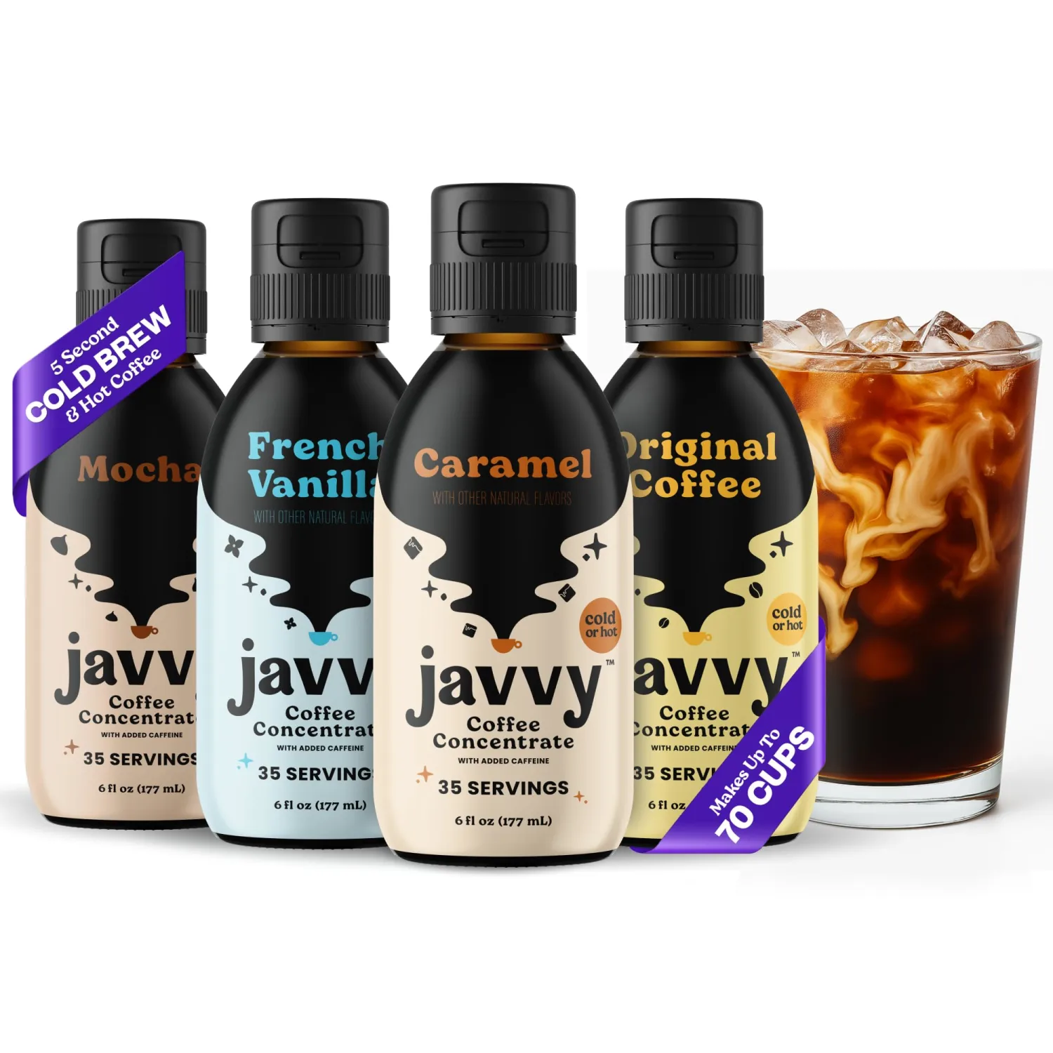 Javvy Cold Brew Coffee Concentrate Instant Coffee, Smooth Arabica Iced Coffee & Espresso Concentrate, 35 Servings, Variety, 4 Pack