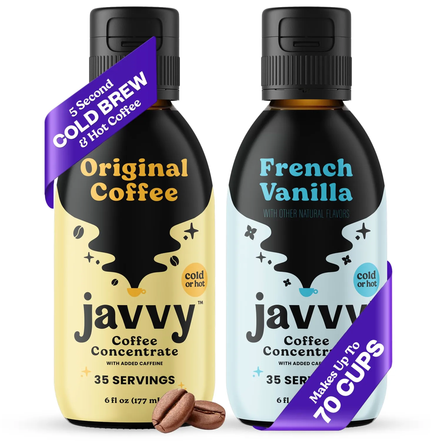 Javvy Cold Brew Coffee Concentrate Instant Coffee, Smooth Arabica Iced Coffee & Espresso Concentrate, 35 Servings, Original & Vanilla, 2 Pack