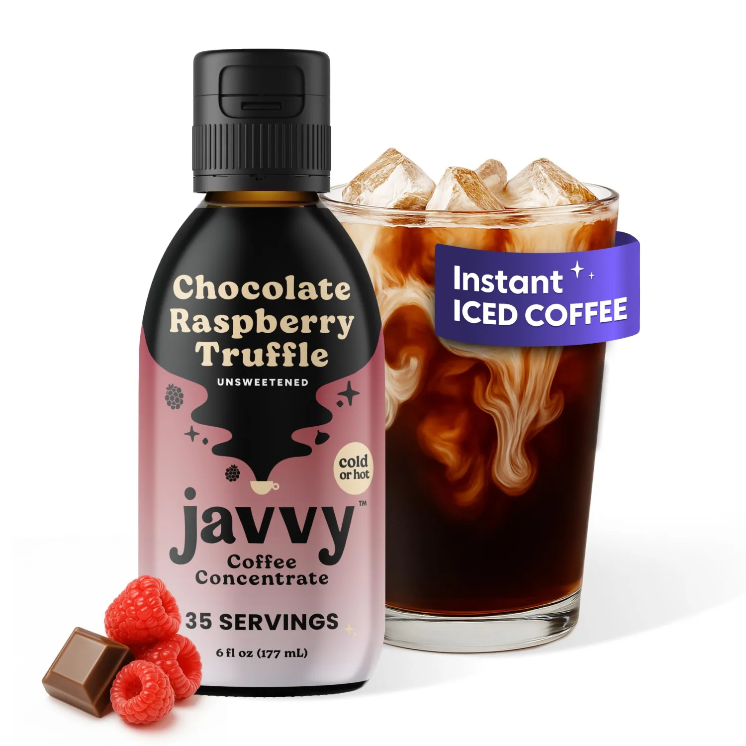 Javvy Cold Brew Coffee Concentrate Instant Coffee, Smooth Arabica Iced Coffee & Espresso Concentrate, 35 Servings, Chocolate Raspberry Truffle, 1 Pack