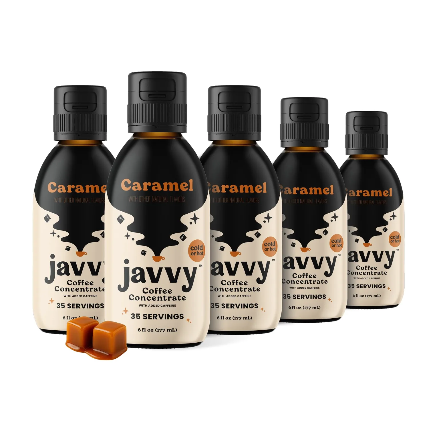 Javvy Cold Brew Coffee Concentrate Instant Coffee, Smooth Arabica Iced Coffee & Espresso Concentrate, 35 Servings, Caramel, 5 Pack
