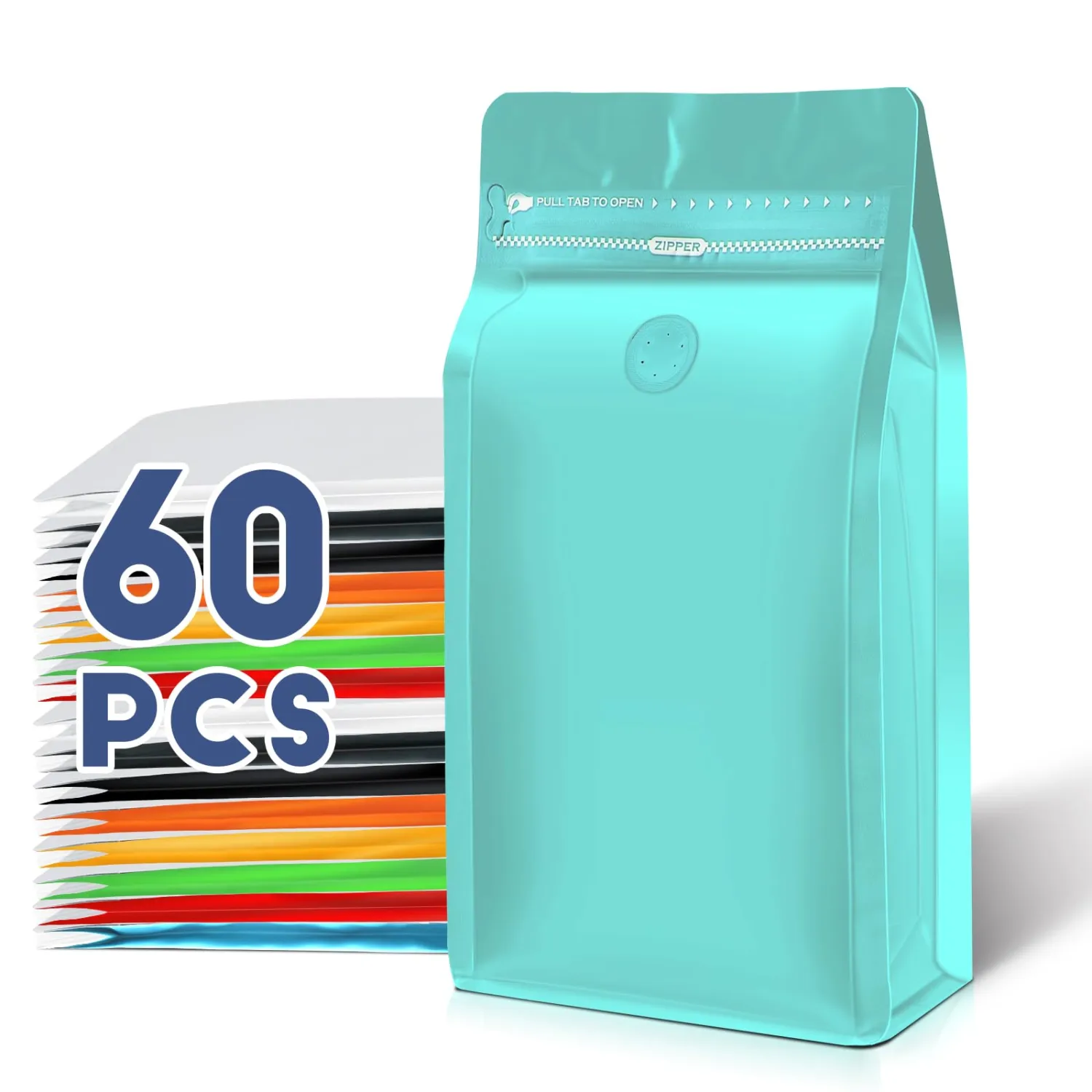Coffee Bags with Valve(60pcs,4 oz,0.25 lb) Vented Coffee Beans Packaging Bags High Barrier Aluminumed Foil Flat Bottom Heat Sealed Side Zipper Resealable Storage Bag for Home or Business（Blue）