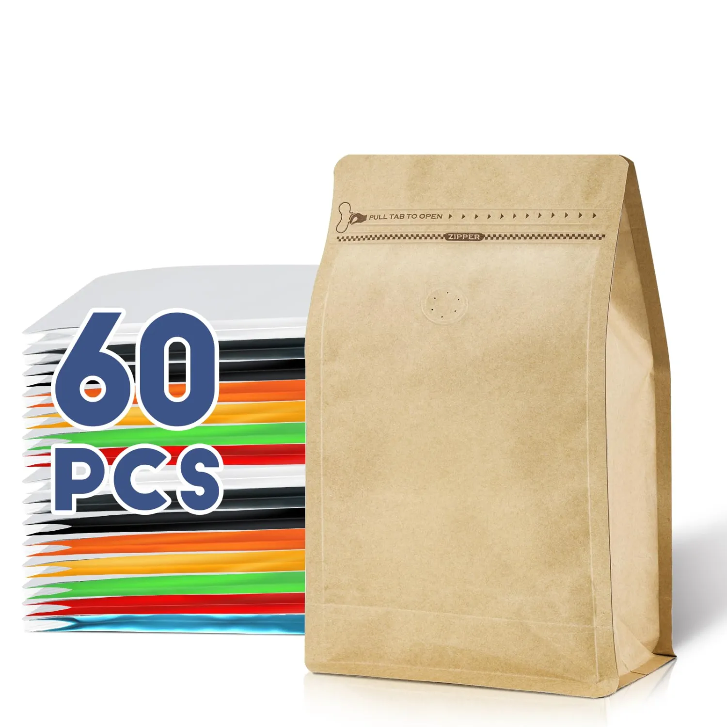 Coffee Bags with Valve(60pcs,8oz,1/2 lb) Vented Coffee Beans Packaging Bags High Barrier Aluminumed Foil Flat Bottom Heat Sealed Side Zipper Resealable Storage Bag for Home or Business（Kraft Paper）