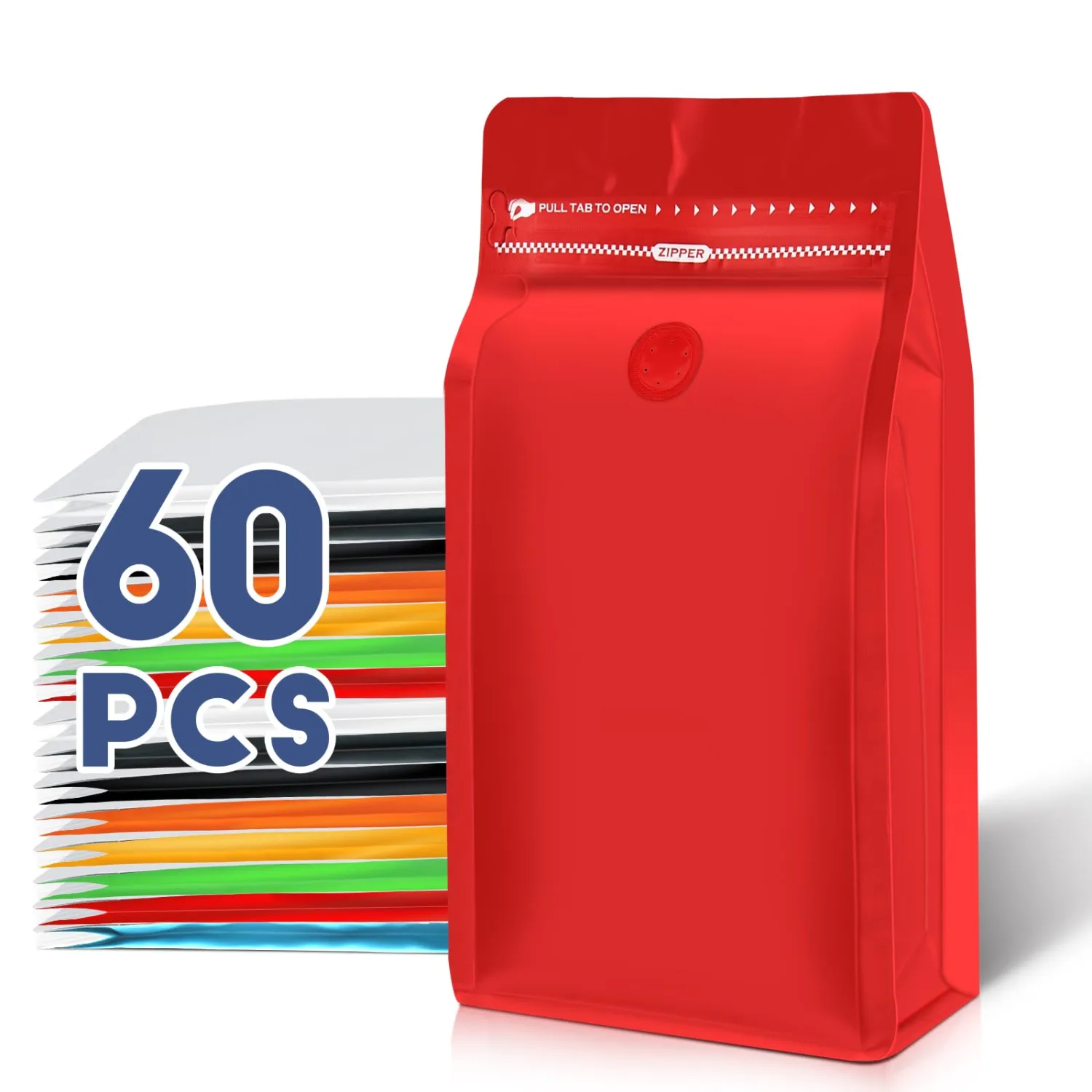 Coffee Bags with Valve(60pcs,16oz,1 lb) Vented Coffee Beans Packaging Bags High Barrier Aluminumed Foil Flat Bottom Heat Sealed Side Zipper Resealable Storage Bag for Home or Business(Red)