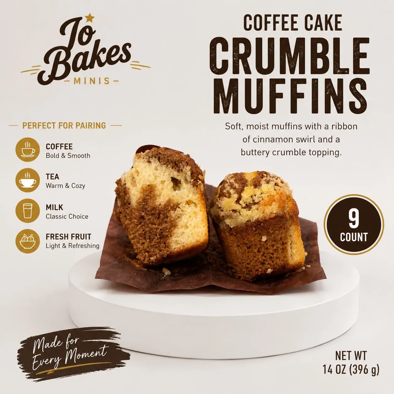 Coffee Cake Crumble Muffins, Bakery Style Breakfast Snack, Sweet Crumb Topping, Ready to Eat, 14 Oz, 9 Count – JO BAKES