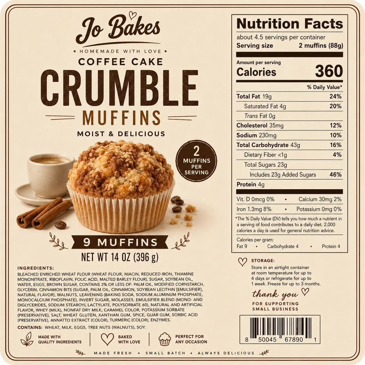 Coffee Cake Crumble Muffins, Bakery Style Breakfast Snack, Sweet Crumb Topping, Ready to Eat, 14 Oz, 9 Count – JO BAKES