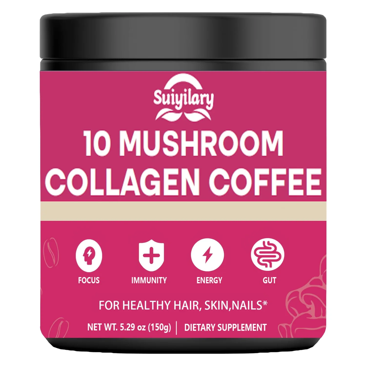 Suiyilary Mushroom Coffee with Collagen, 10 Mushroom Extract Powder Blend Lion's Mane, Brain Supplements with Instant Coffee for Energy, Focus, Skin and Immunity 150g 30 Serving