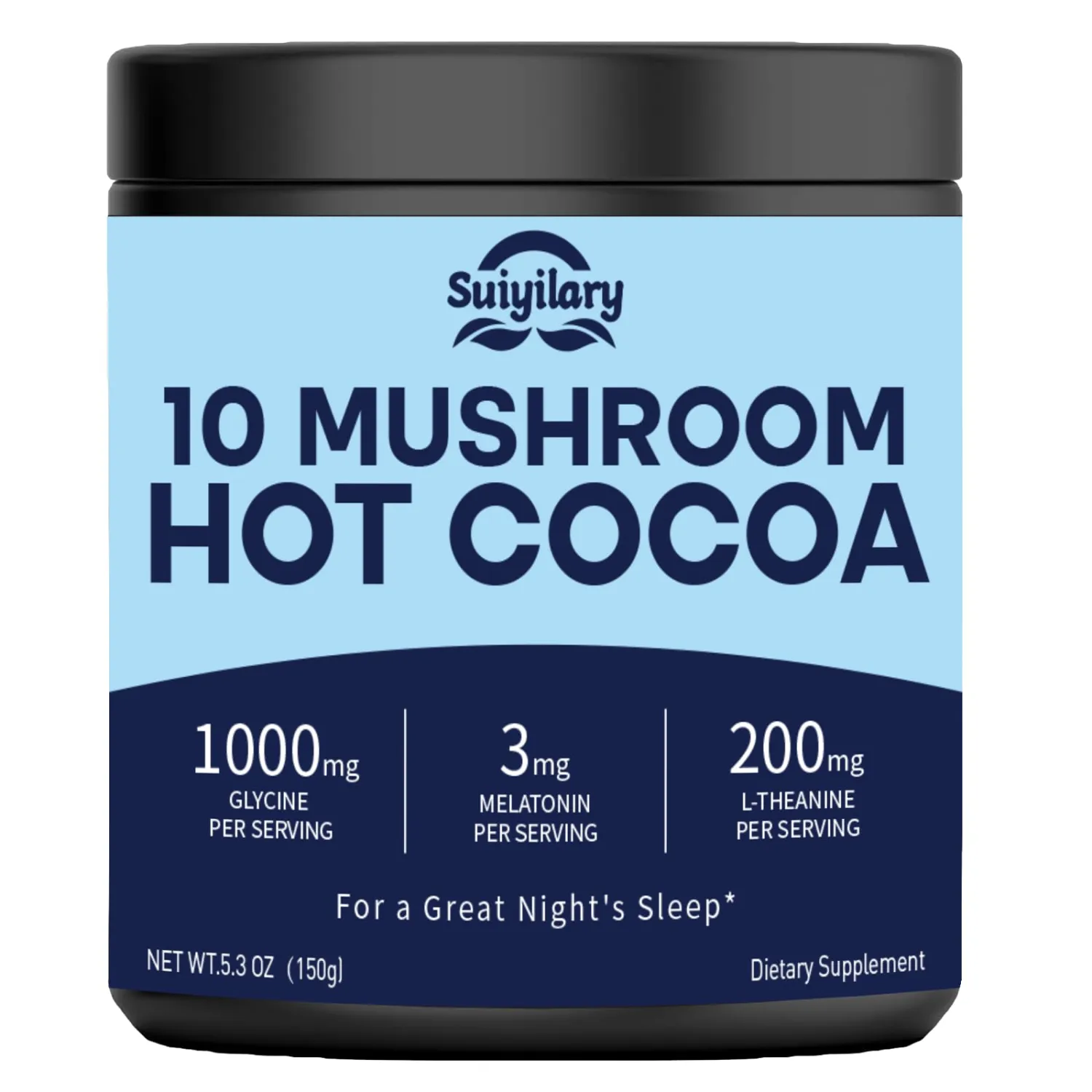 Suiyilary 10 Mushroom Hot Cocoa, 3mg Melatonin Sleep Supplement, Sugar Free Keto Cocoa Powder, Nighttime Drink, 1000mg Glycine, 200mg L-Theanine, Help Fall Asleep and Stay Asleep, 15 Servings
