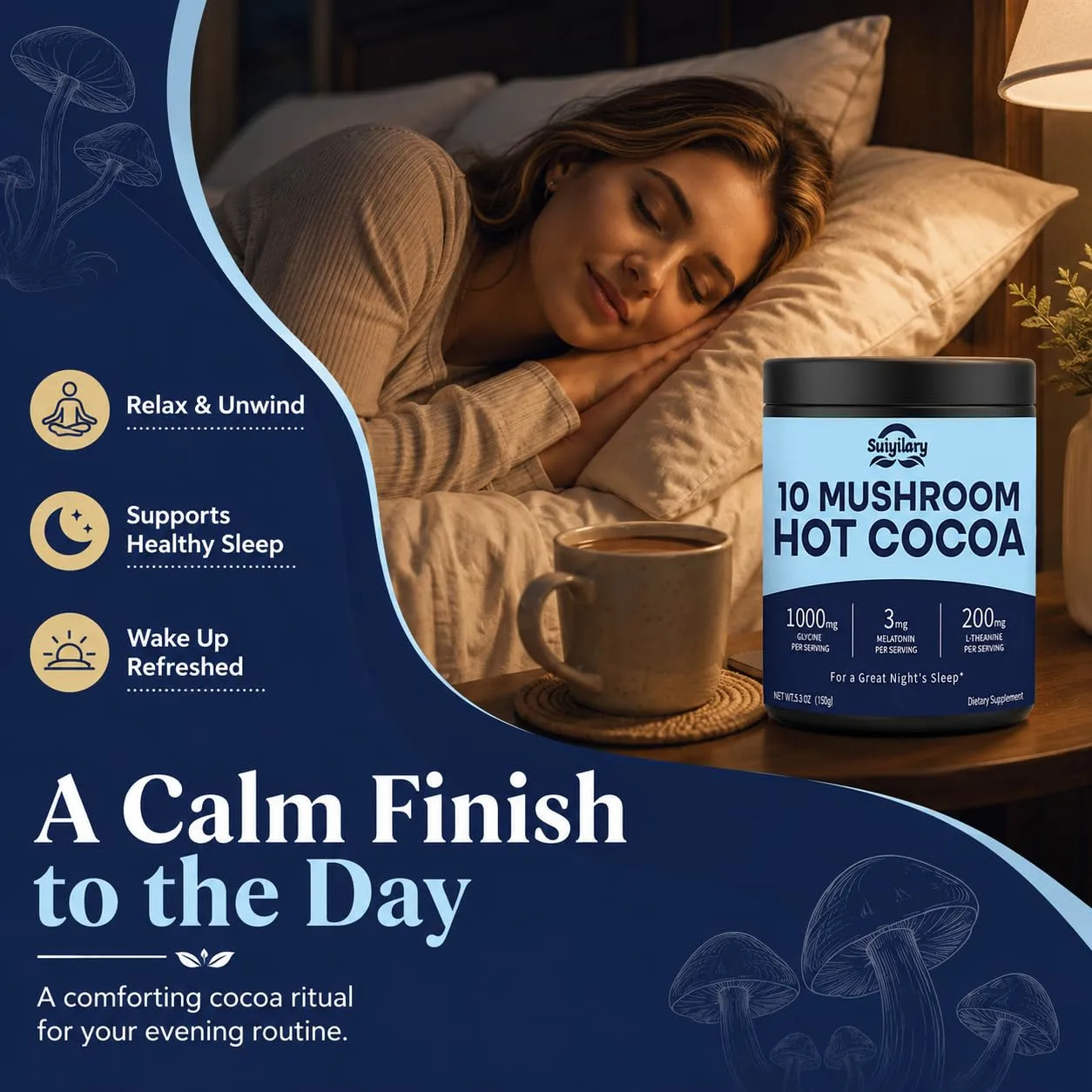 Suiyilary 10 Mushroom Hot Cocoa, 3mg Melatonin Sleep Supplement, Sugar Free Keto Cocoa Powder, Nighttime Drink, 1000mg Glycine, 200mg L-Theanine, Help Fall Asleep and Stay Asleep, 15 Servings