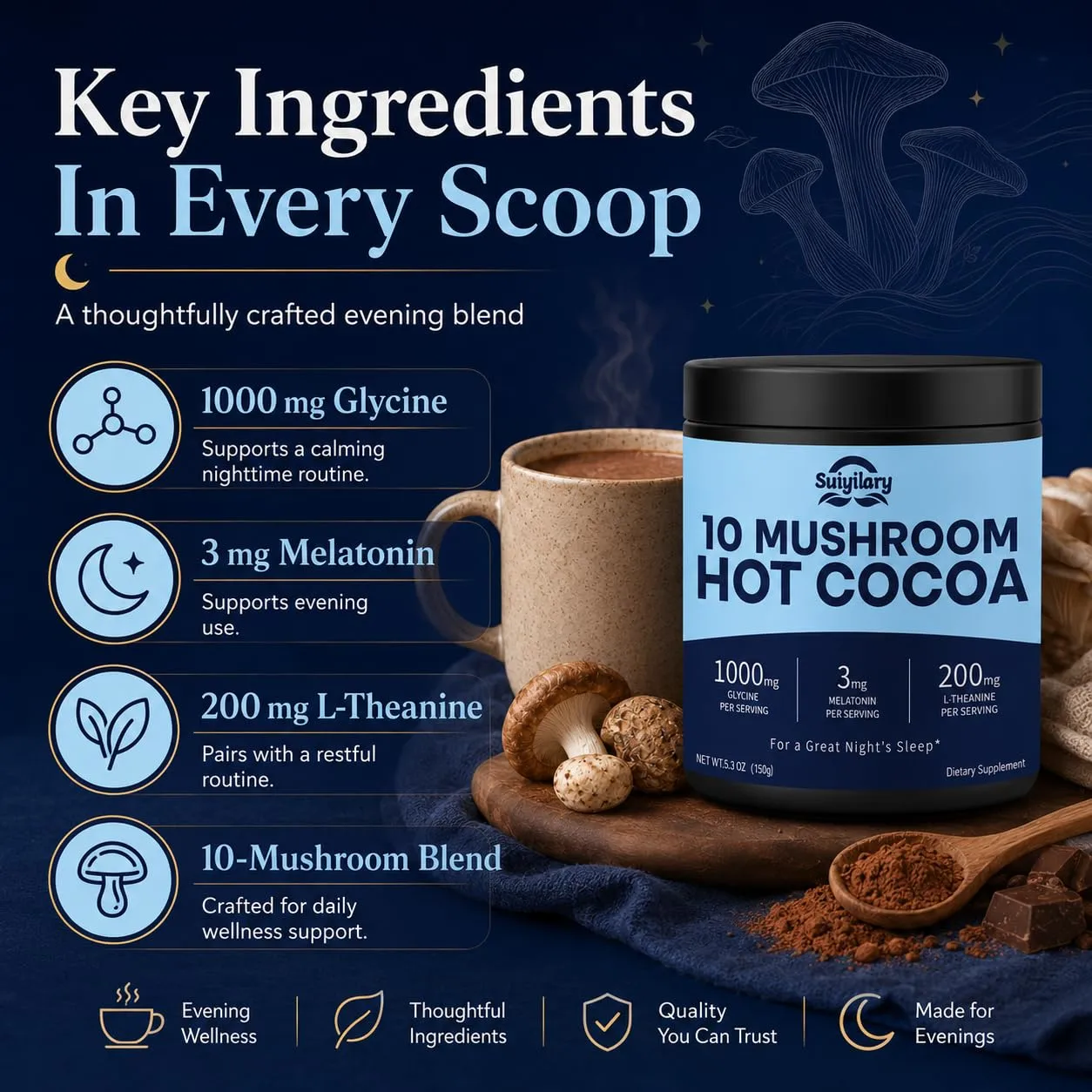 Suiyilary 10 Mushroom Hot Cocoa, 3mg Melatonin Sleep Supplement, Sugar Free Keto Cocoa Powder, Nighttime Drink, 1000mg Glycine, 200mg L-Theanine, Help Fall Asleep and Stay Asleep, 15 Servings
