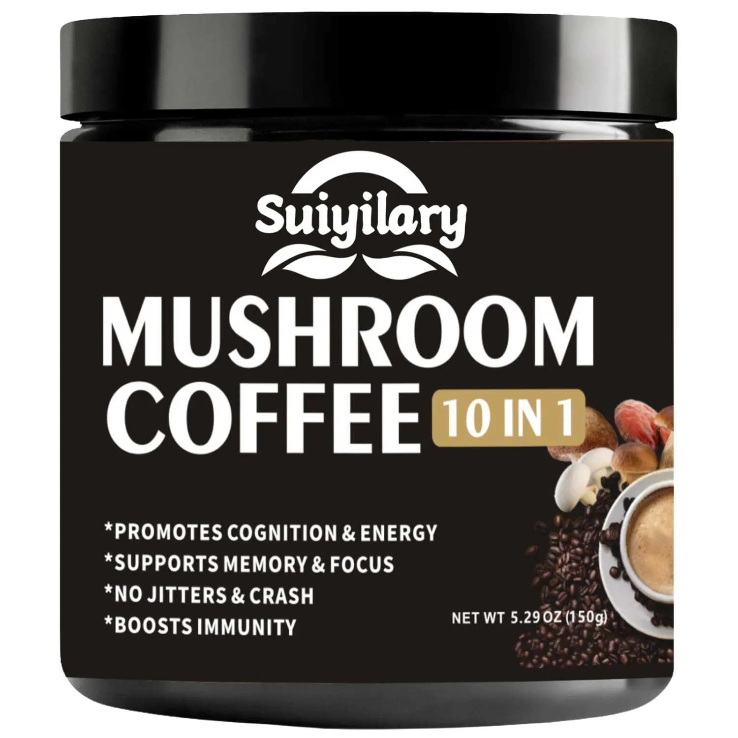 Suiyilary Mushroom Coffee, 10 Mushroom Extract Powder Blend Lion's Mane, Reishi, Chaga, Cordyceps, Turkey Tail, Brain Supplements with Instant Coffee for Energy, Focus, Memory and Immunity 150g