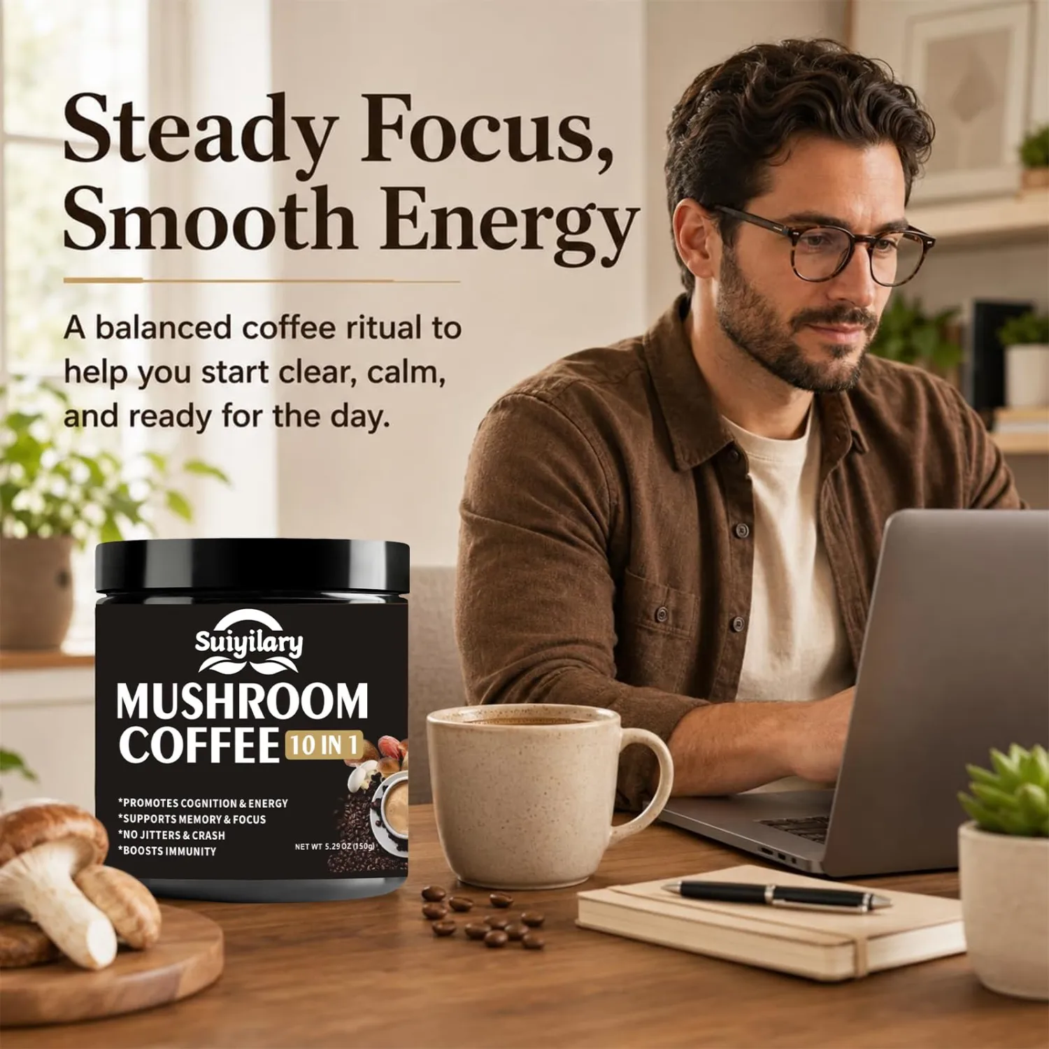 Suiyilary Mushroom Coffee, 10 Mushroom Extract Powder Blend Lion's Mane, Reishi, Chaga, Cordyceps, Turkey Tail, Brain Supplements with Instant Coffee for Energy, Focus, Memory and Immunity 150g