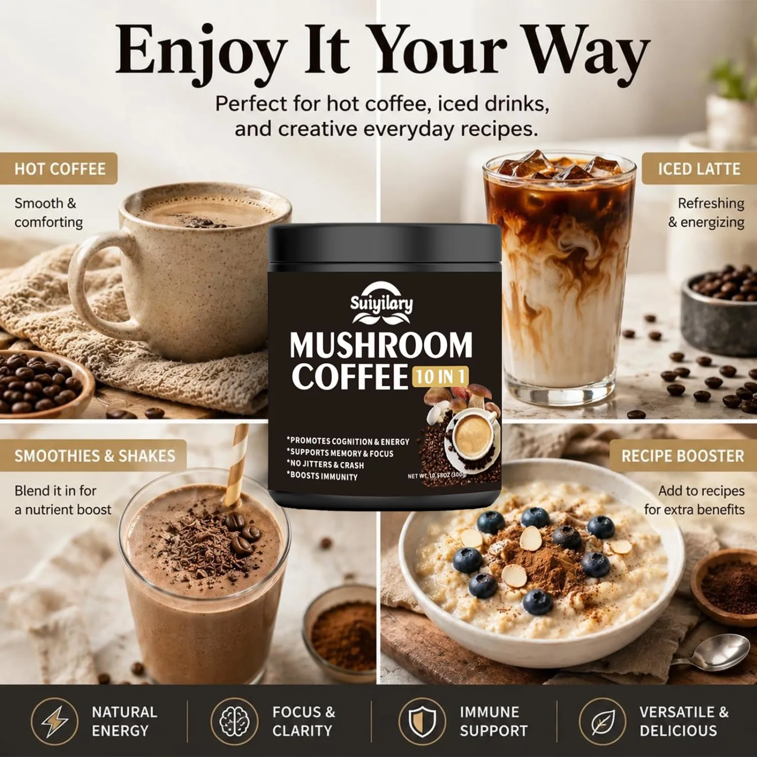 Suiyilary Mushroom Coffee, 10 Mushroom Extract Powder Blend Lion's Mane, Reishi, Chaga, Cordyceps, Turkey Tail, Brain Supplements with Instant Coffee for Energy, Focus, Memory and Immunity 300g