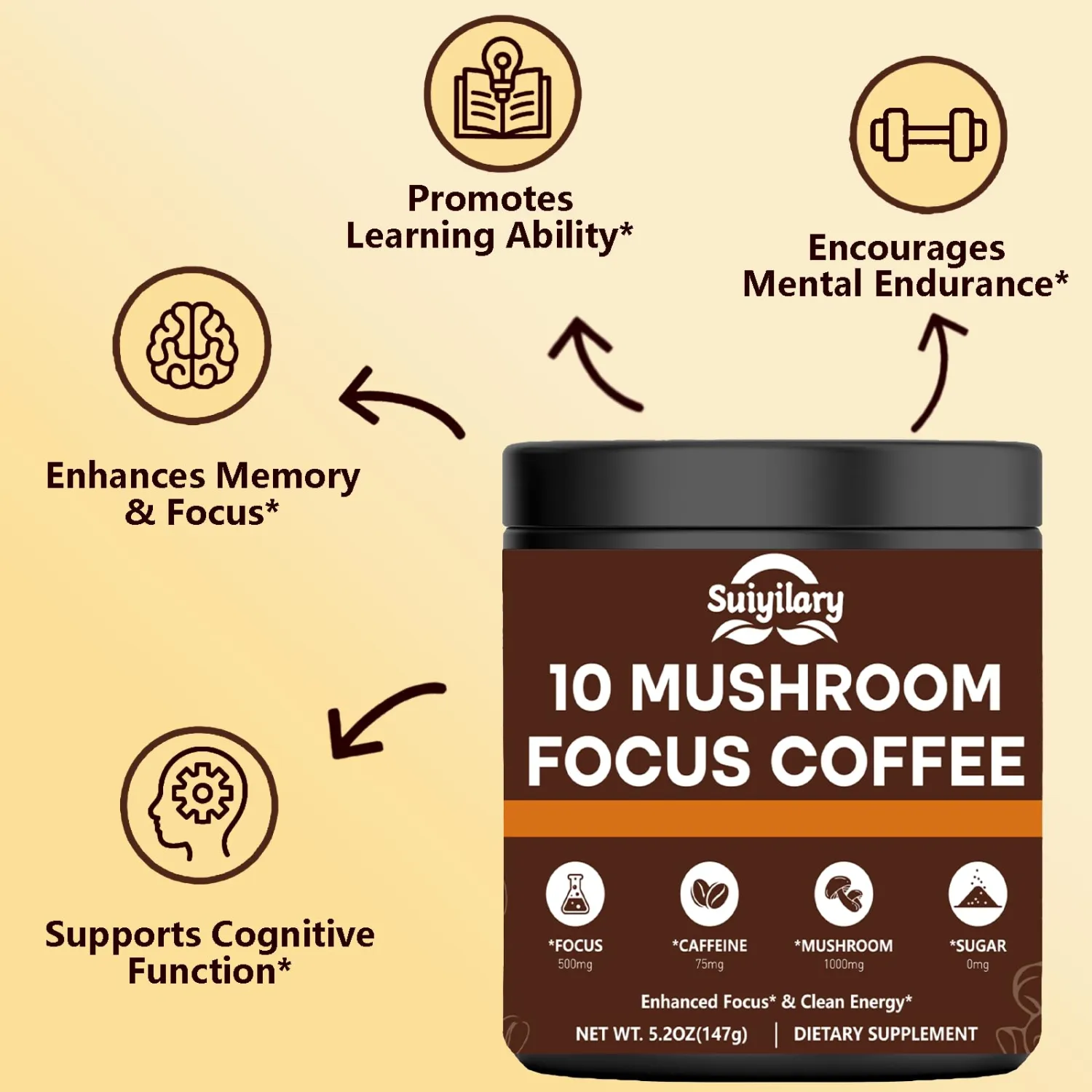Suiyilary Mushroom Coffee with Focus, 10 Mushroom Extract Powder Blend Lion's Mane, Brain Supplements with Instant Coffee for Energy, Focus, Memory and Immunity 147g 21 Serving