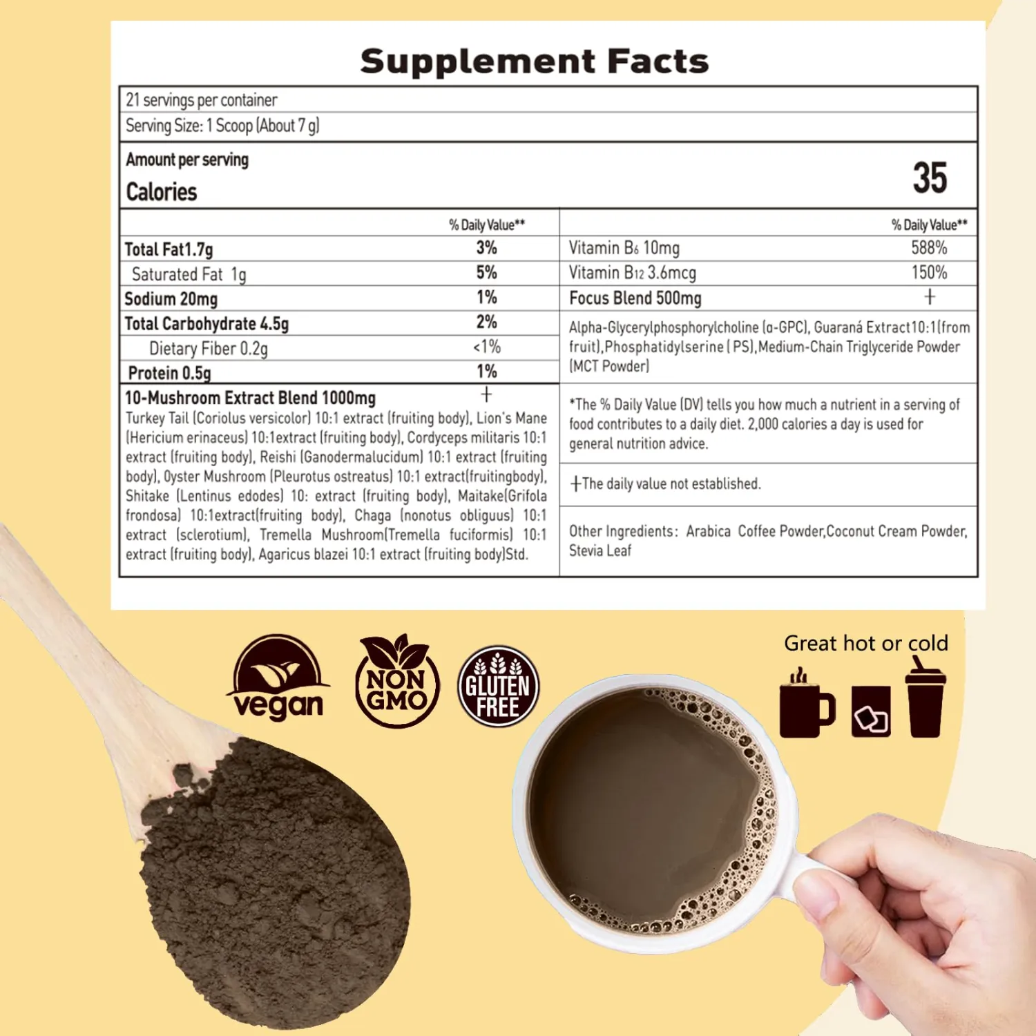 Suiyilary Mushroom Coffee with Focus, 10 Mushroom Extract Powder Blend Lion's Mane, Brain Supplements with Instant Coffee for Energy, Focus, Memory and Immunity 147g 21 Serving
