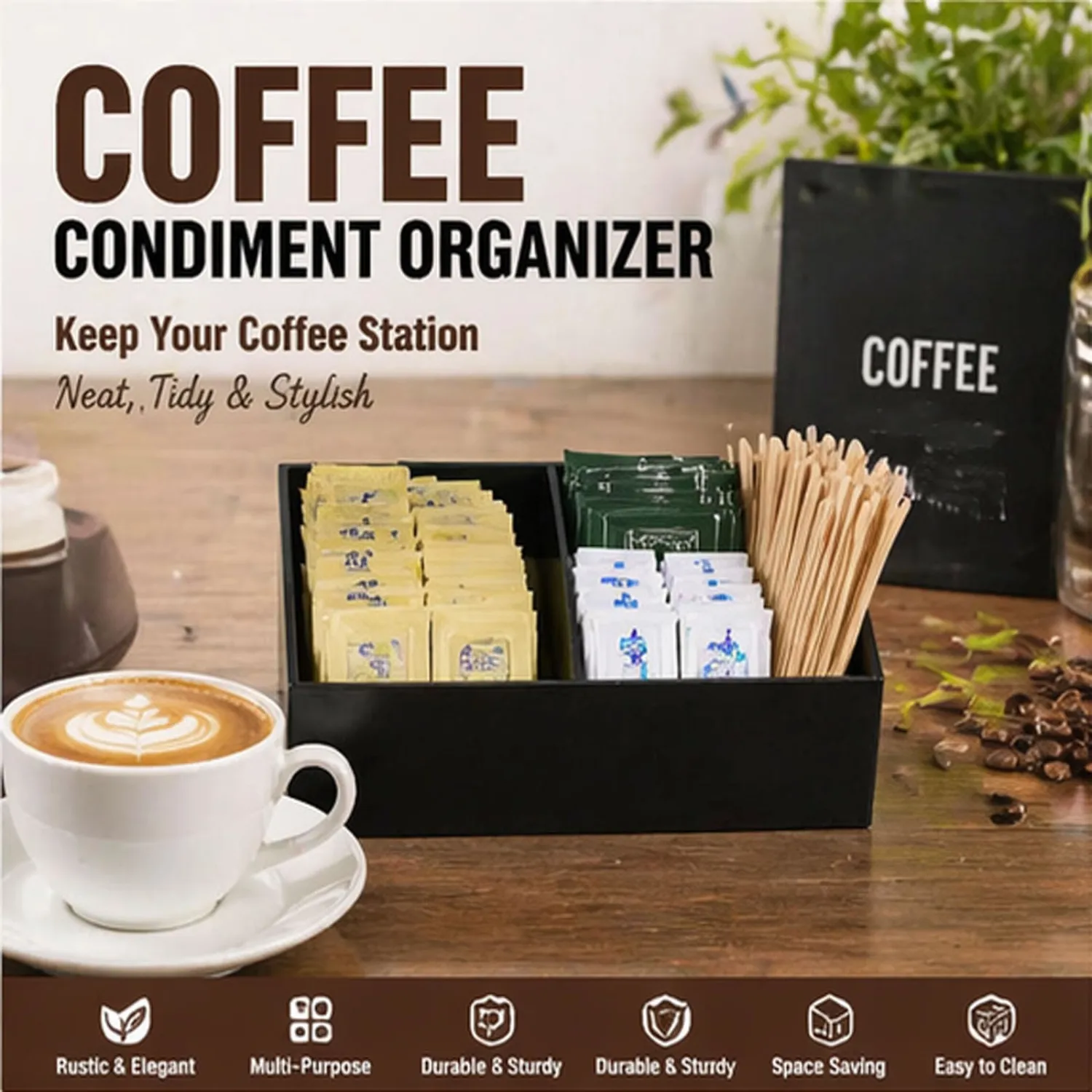 BinaryABC Premium Tea Bags Holder and Sugar Packet Organizer for Coffee Bar - Compact Storage Bin Box with 2 Compartments, Kitchen Countertop Essentials,Black