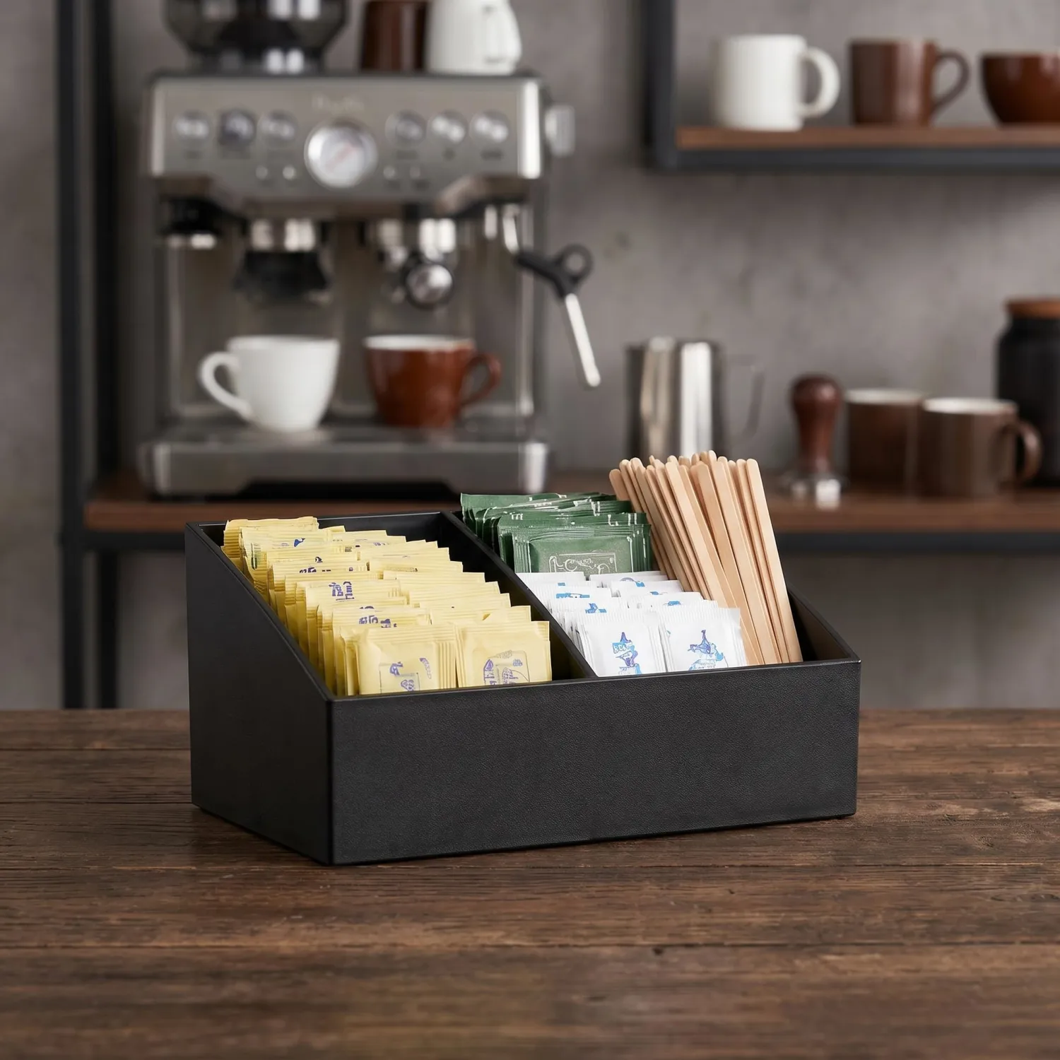 BinaryABC Premium Tea Bags Holder and Sugar Packet Organizer for Coffee Bar - Compact Storage Bin Box with 2 Compartments, Kitchen Countertop Essentials,Black