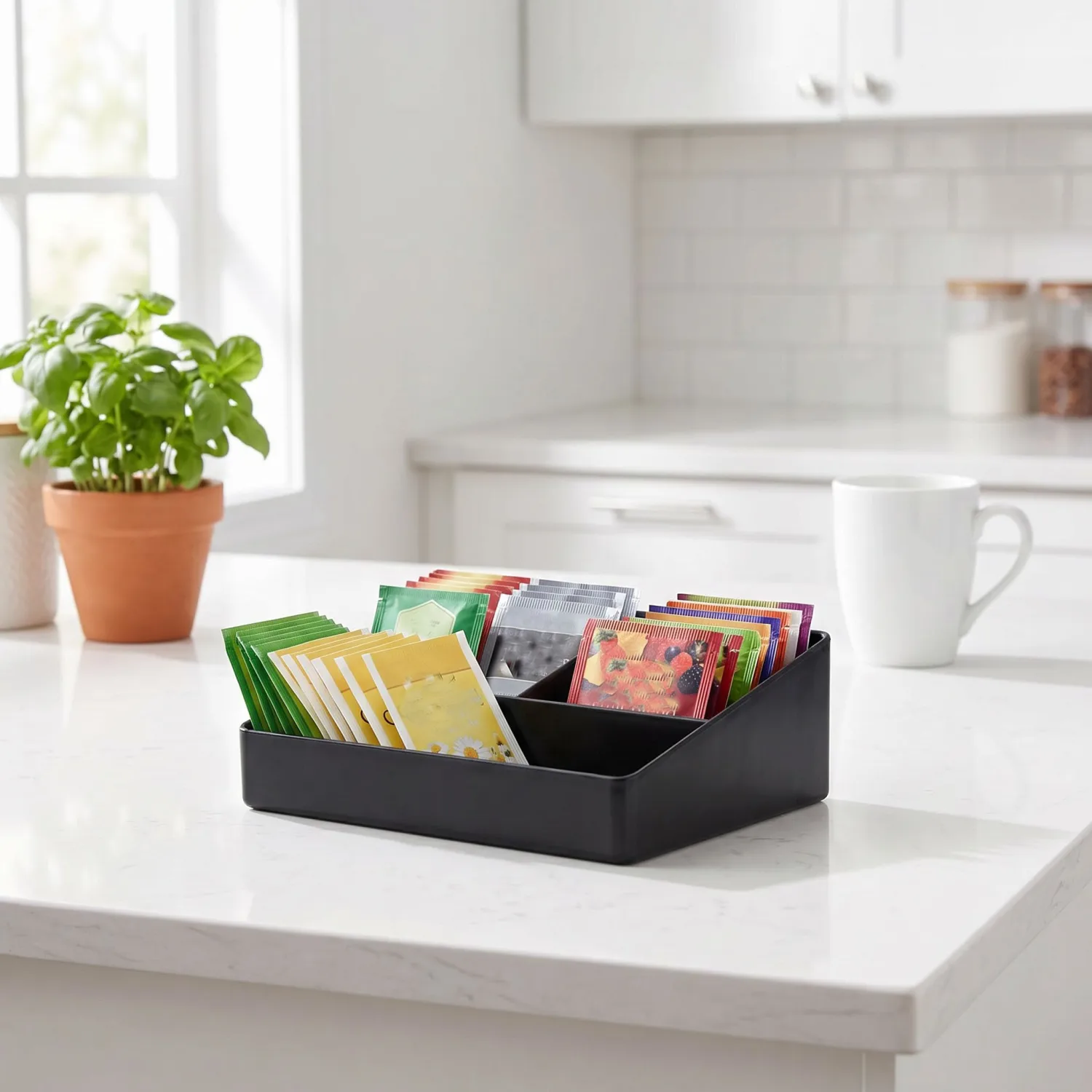 BinaryABC Tea Bag Storage Box and Sugar Packet Holder for Coffee Bar Countertop,3-Compartment Drink Packet Organizer Dispenser for Home and Hotel, Small Sweetener Packet Holder for Condiments