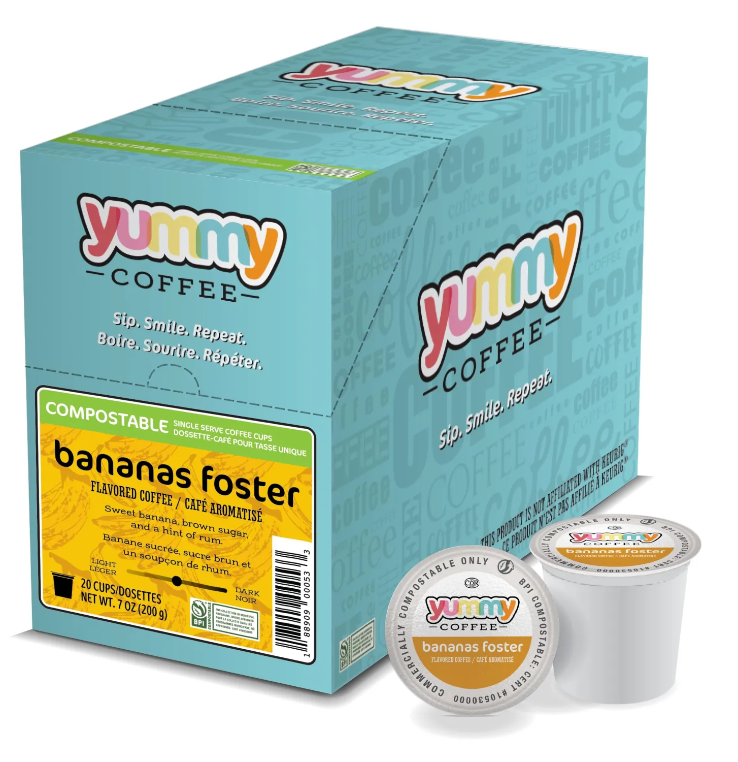 Yummy Coffee Bananas Foster, Compostable Coffee Pods - Banana Caramel Flavored, K-Cup Compatible, 20 Count