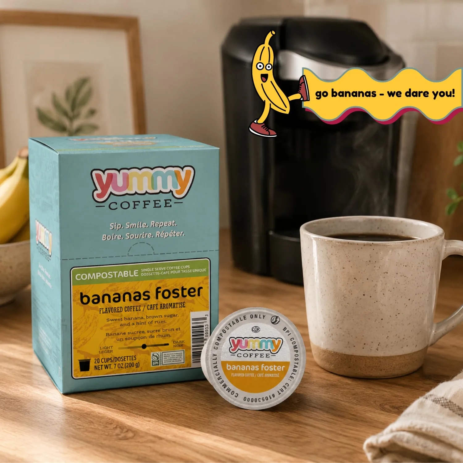 Yummy Coffee Bananas Foster, Compostable Coffee Pods - Banana Caramel Flavored, K-Cup Compatible, 20 Count