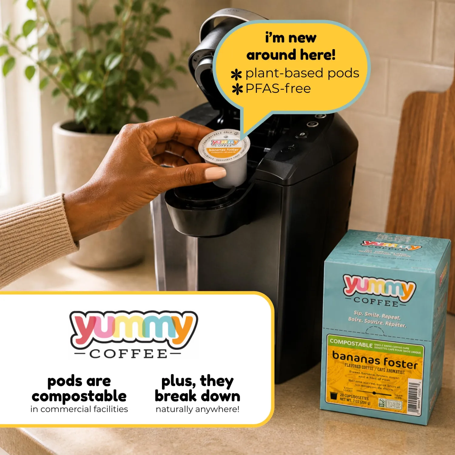 Yummy Coffee Bananas Foster, Compostable Coffee Pods - Banana Caramel Flavored, K-Cup Compatible, 20 Count