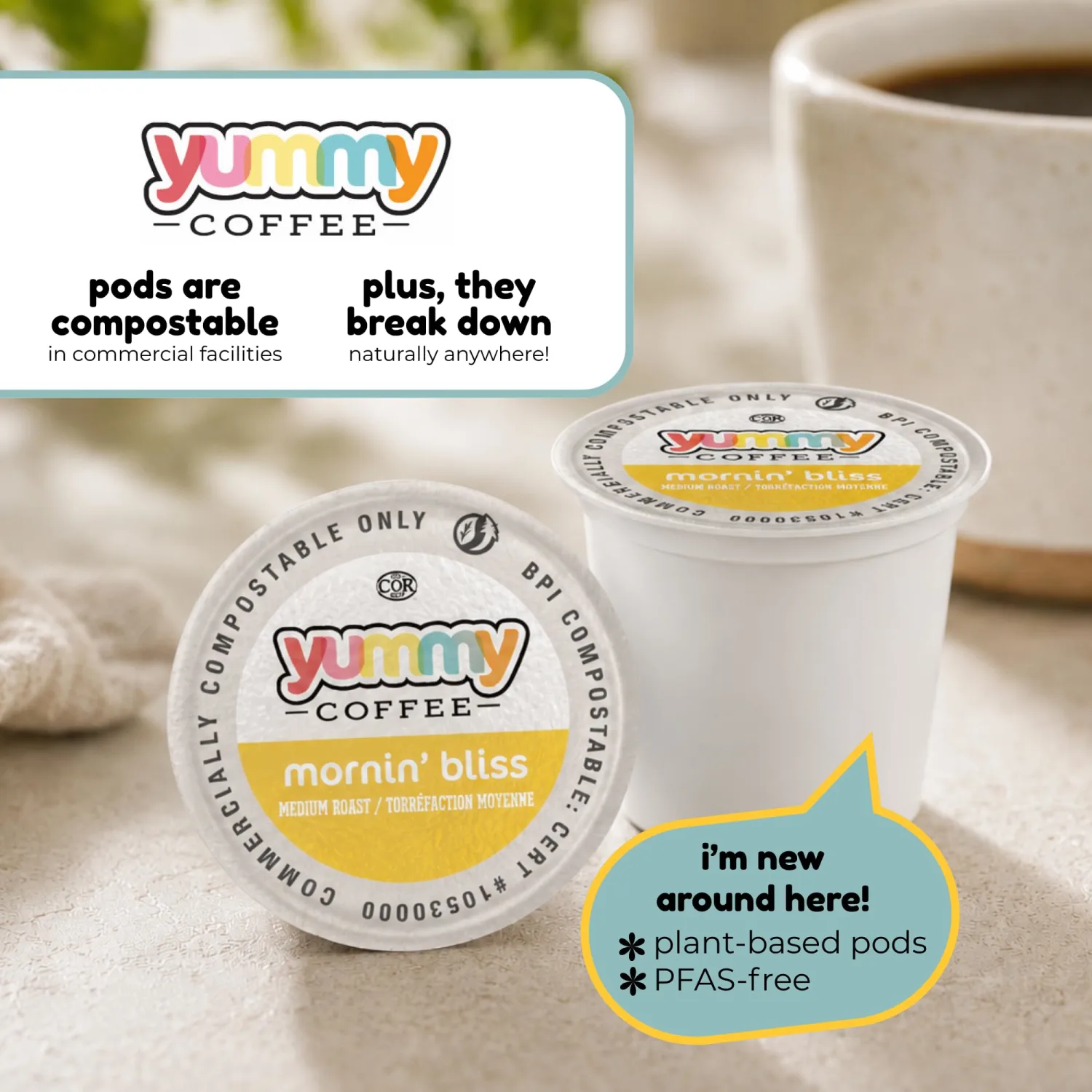 Yummy Coffee Mornin' Bliss, Compostable Coffee Pods - Medium Roast, K-Cup Compatible, 40 Count