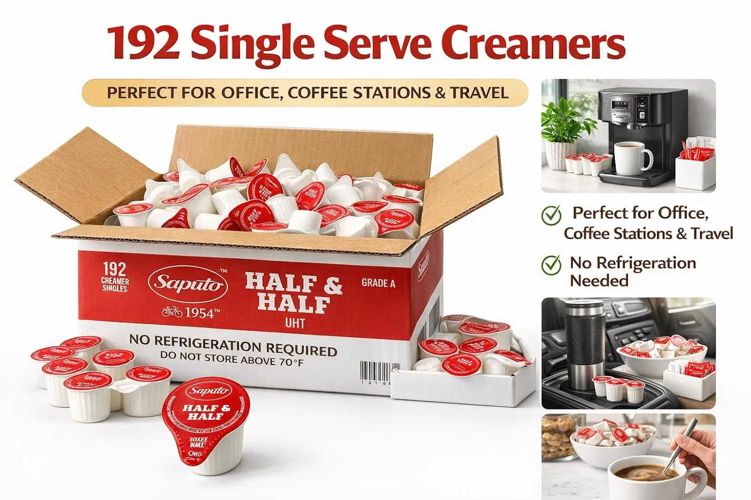 Coffee Creamer Half & Half Singles, 192 Count | No Refrigeration Required | Saputo Bulk Business Pack for Offices, Hospitality & Foodservice