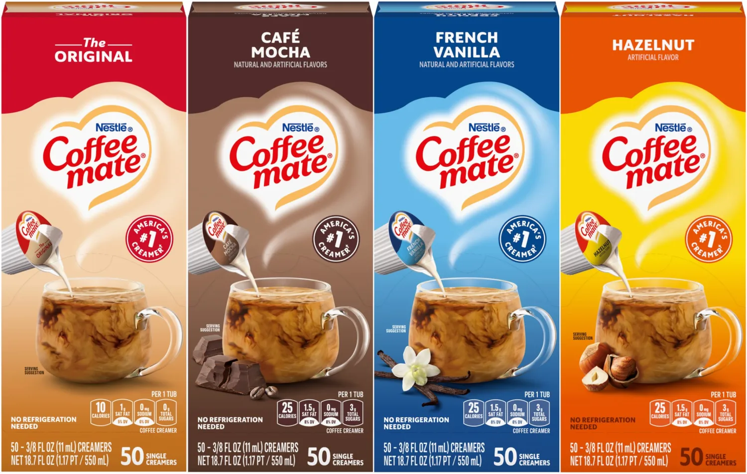 Coffee Mate Liquid .375oz, 4 Flavor Variety 200 Count including Original, Cafe Mocha, French Vanilla & Hazelnut